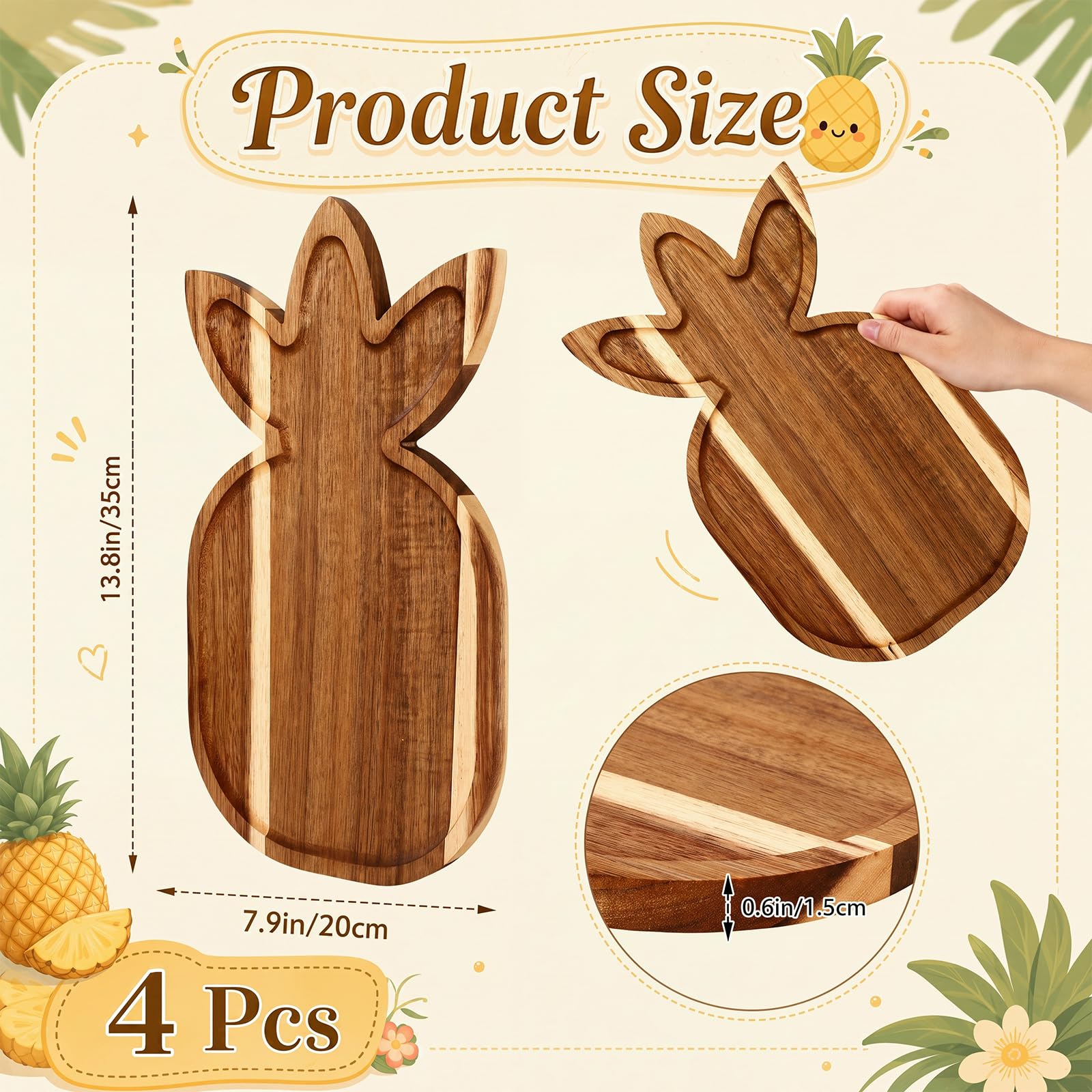 Geetery Paquete de 4 bandejas de madera de acacia para charcutería de piña