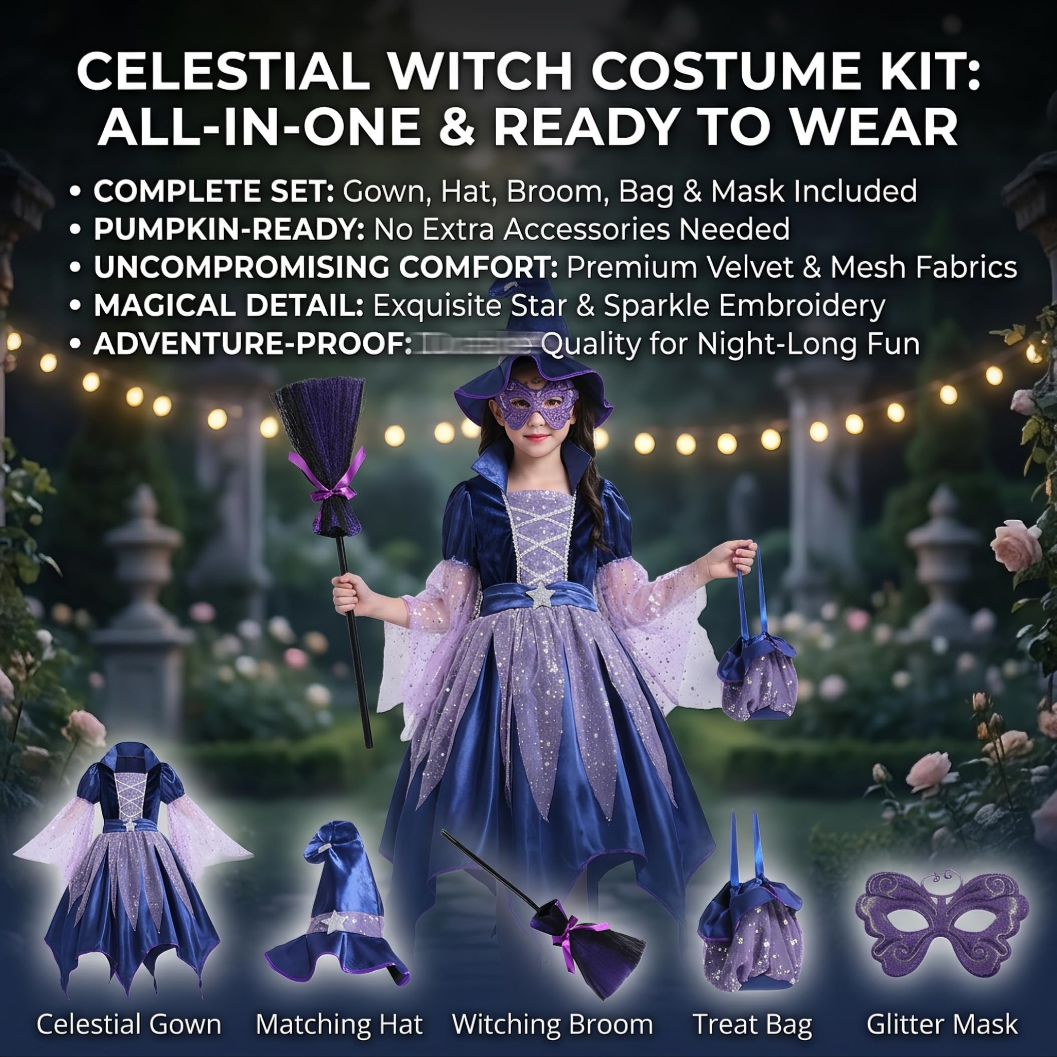 Costume da Strega per Bambini per Ragazza Costumi di Halloween in Velluto Glitterato con Rete, M