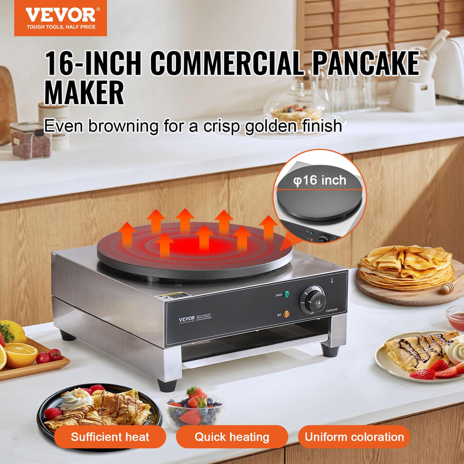 VEVOR Crêpière Électrique 40 cm, Appareil à Crêpes Commercial, Machine à Crêpes Antiadhésive, Plaque Chauffante à Crêpes Plate, 1700 W, en Acier Inoxydable, avec Contrôle de la Température, Restaurant