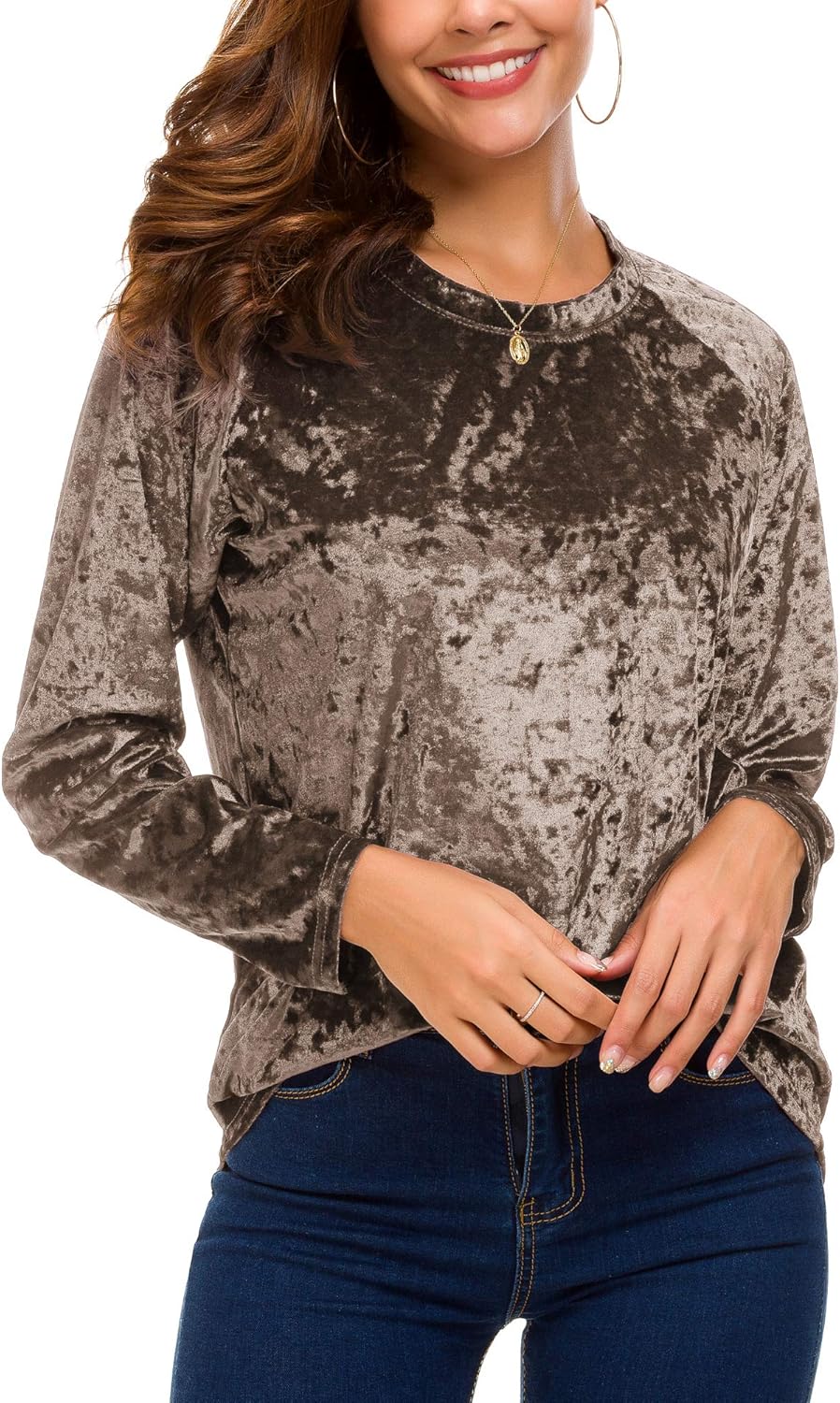 Urban CoCo Women's Vintage Velvet T-Shirt Casual Long Sleeve Top - Image 4