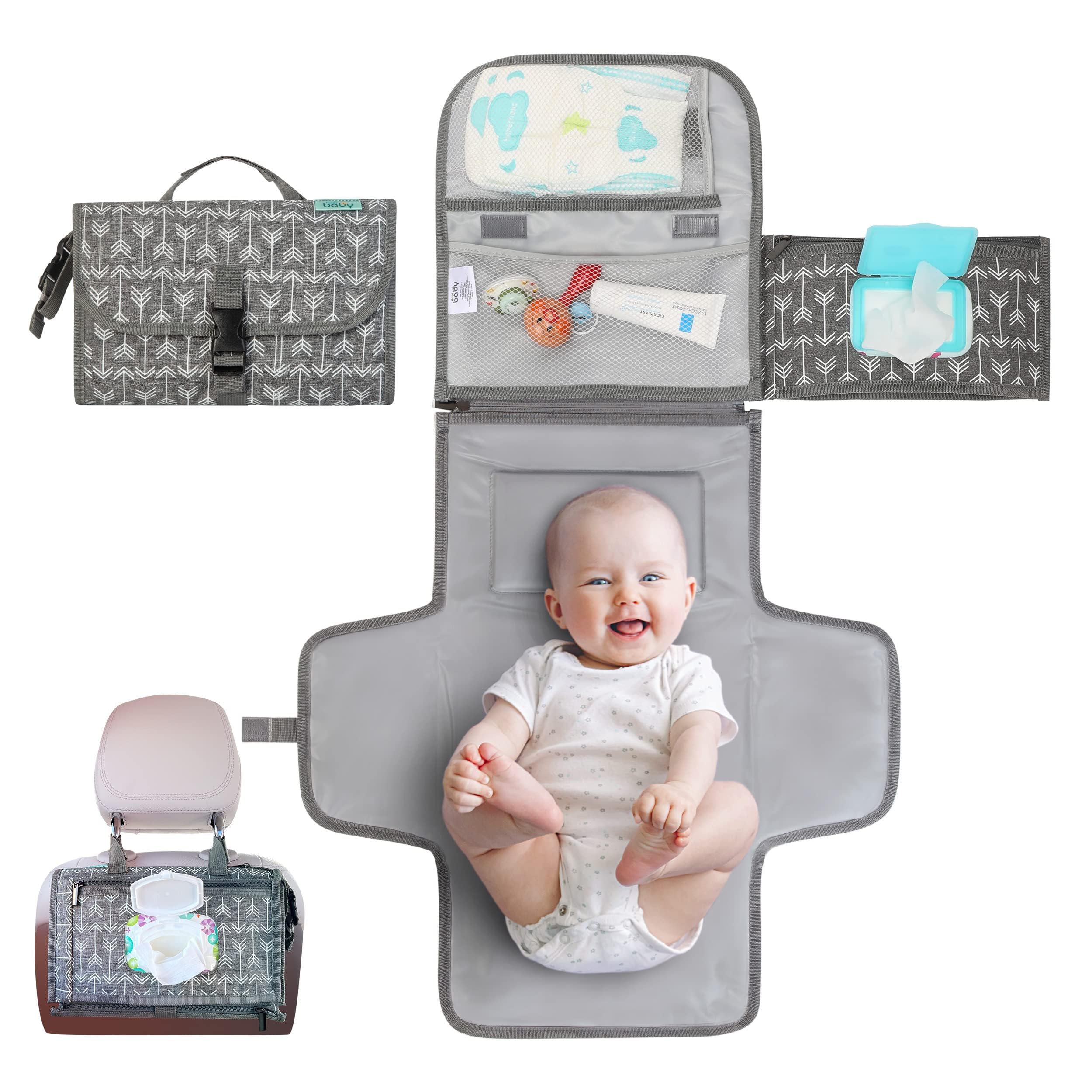 Portable Diaper Changing Pad for Baby – Travel Diaper Changing Mat with Wipes Pocket & Built-in Pillow, Foldable Baby Diaper Clutch Bag for Newborn Girl Boy, On-the-Go Infant Changing Station