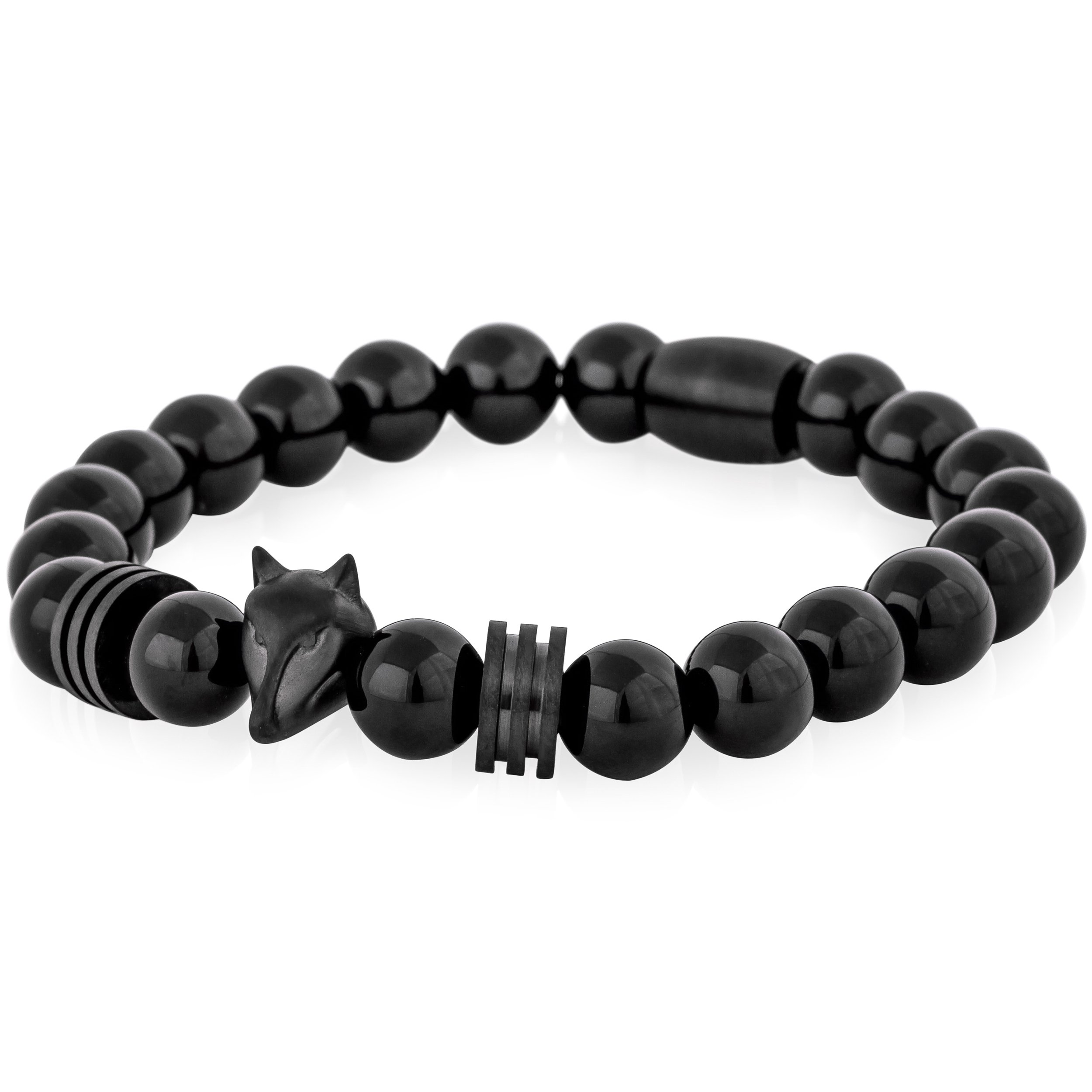 Akitsune Obsidian Perlenarmband | Premium Armband für Männer | Perlenarmband Herren mit Edelsteinen & Edelstahl Fuchs-Emblem | Exklusive Schmuckschachtel | Tolle Geschenkidee