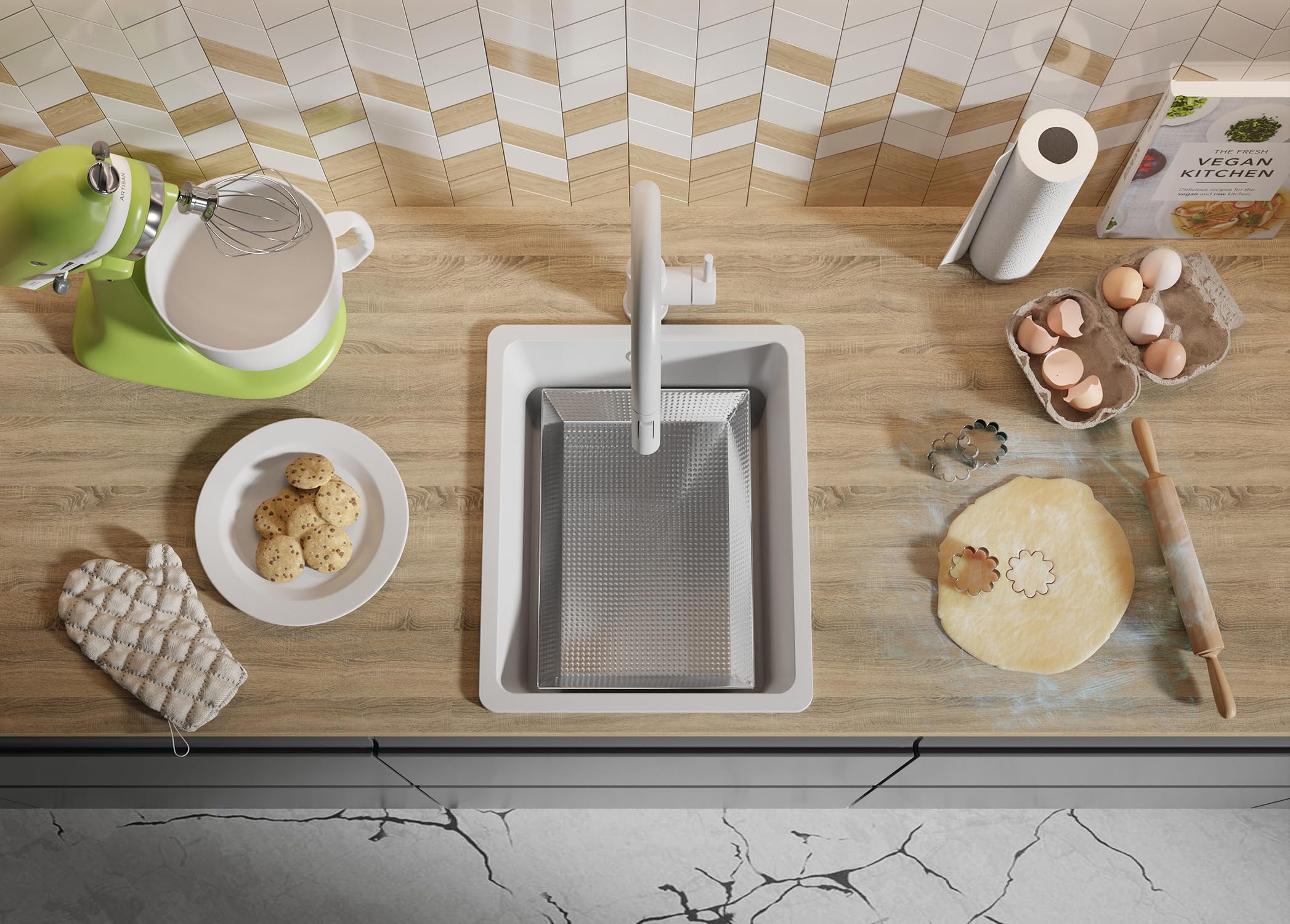 PRIMAGRAN Fregadero Cocina Blanco 36x44cm, Granito 1 Seno + Sifón, Sobre Encimera al Mueble 40cm - Venecia Easy Slim S002