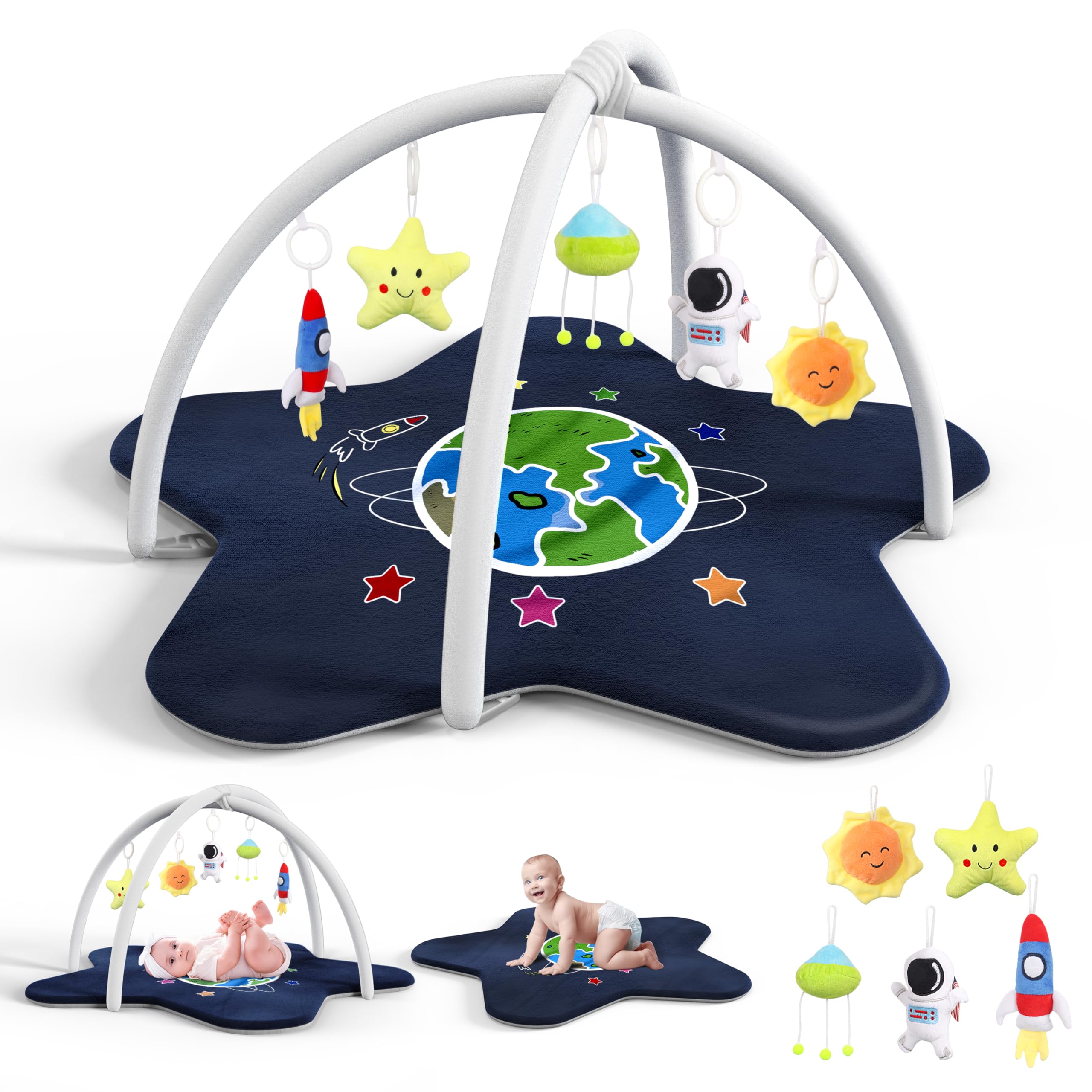 Primo LinesBaby Play Gym Mat,Oversize Tummy Time Mat with 5 Detachable Toys for Sensory&Motor Skill Development,Soft Plush Baby Activity Playmat Newborn Toddler Infant Essential