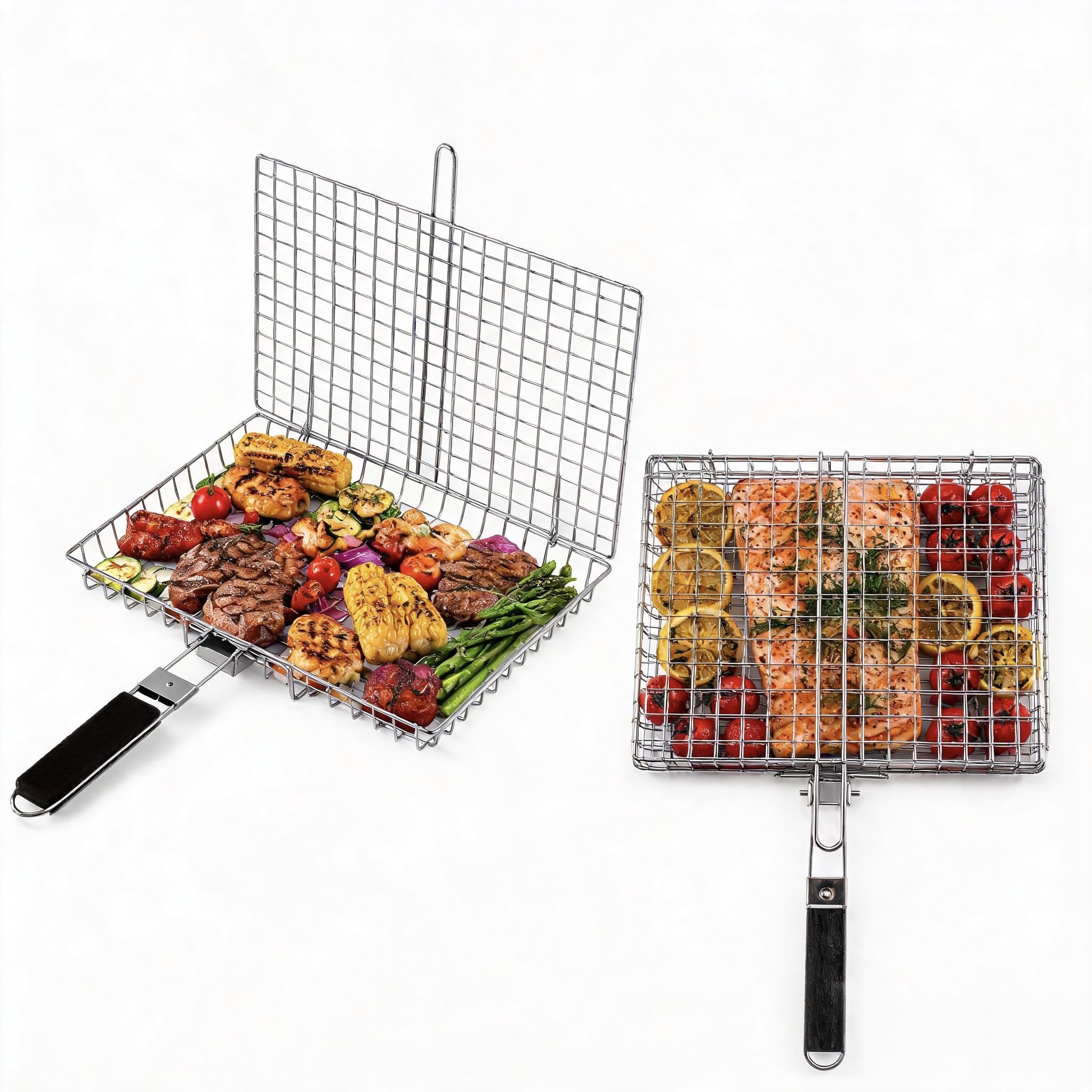 2 cestelli per barbecue, grandi e pieghevoli, in acciaio inox, con manico | Cestino per barbecue per verdure, portatile, con manico rimovibile, di alta qualità, per carne, pesce, verdure, ecc