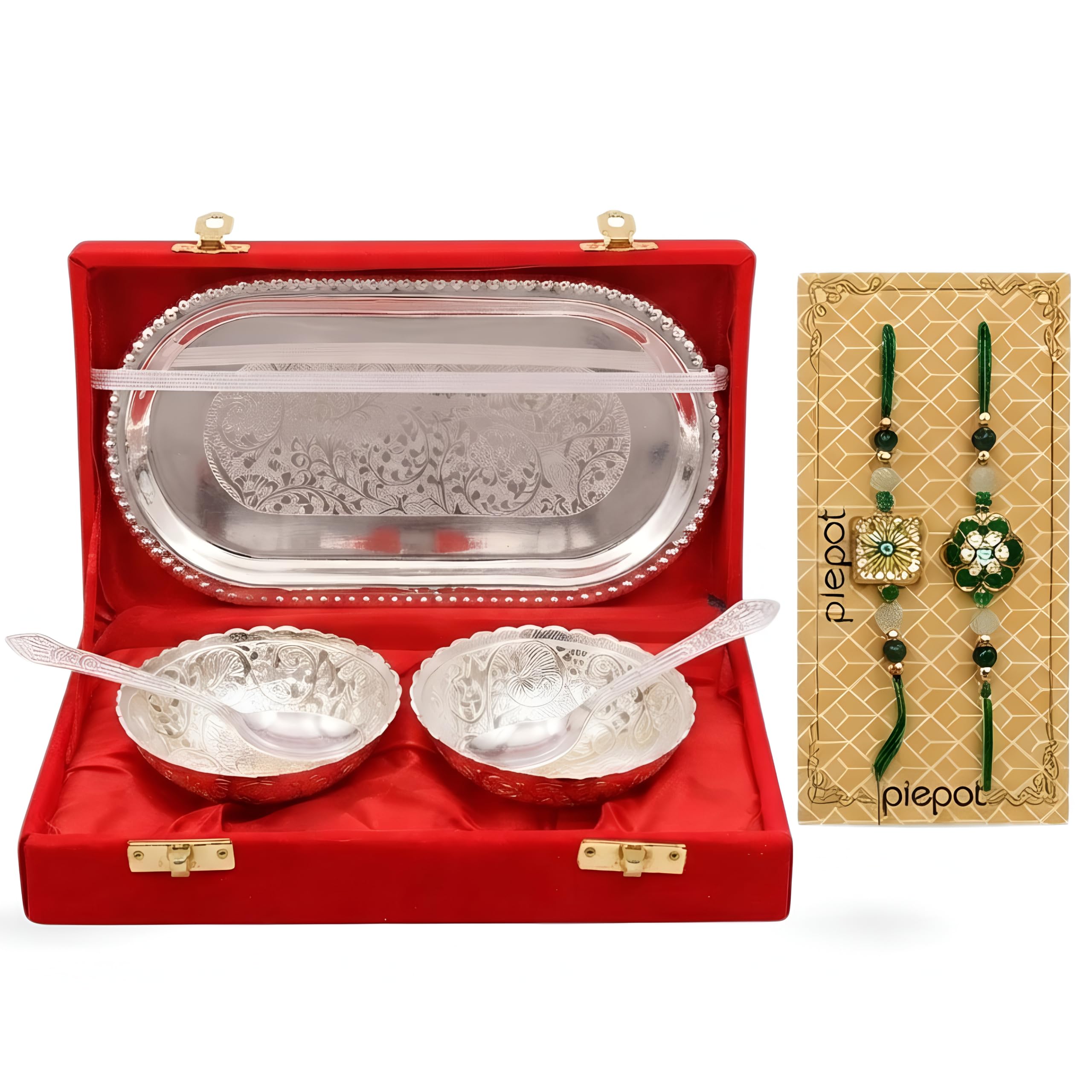 Anand Crafts Designer Rakhi Gift Set for Brother | Premium German Silver Tray with 2 Bowls And 2 Spoons | Luxury Velvet Gift Box | Raksha Bandhan Gift Hamper-picture-34