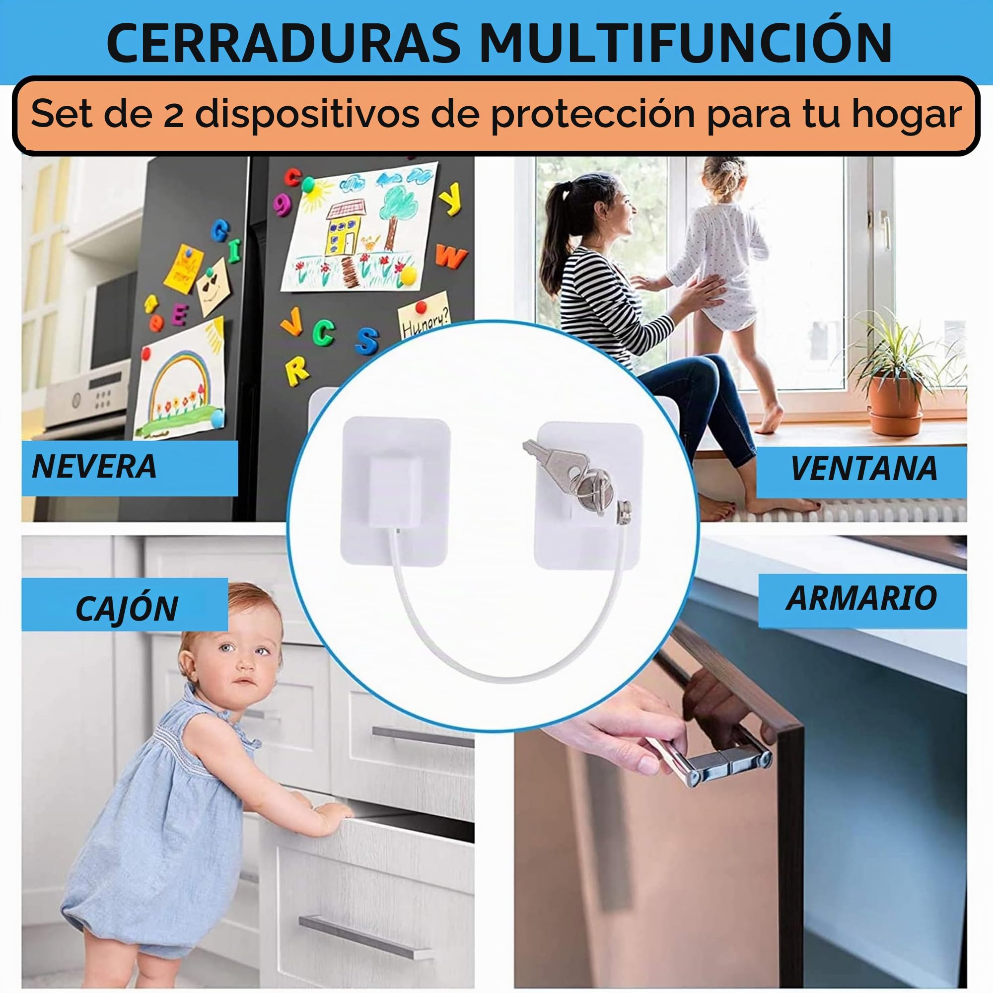 Seguridad ventana infantil: [x6 piezas] | Estándar EU | Sin taladrar | Albañilero, bloqueo de puerta, cerradura de nevera, cajón | Incluye 4 protectores de dedos