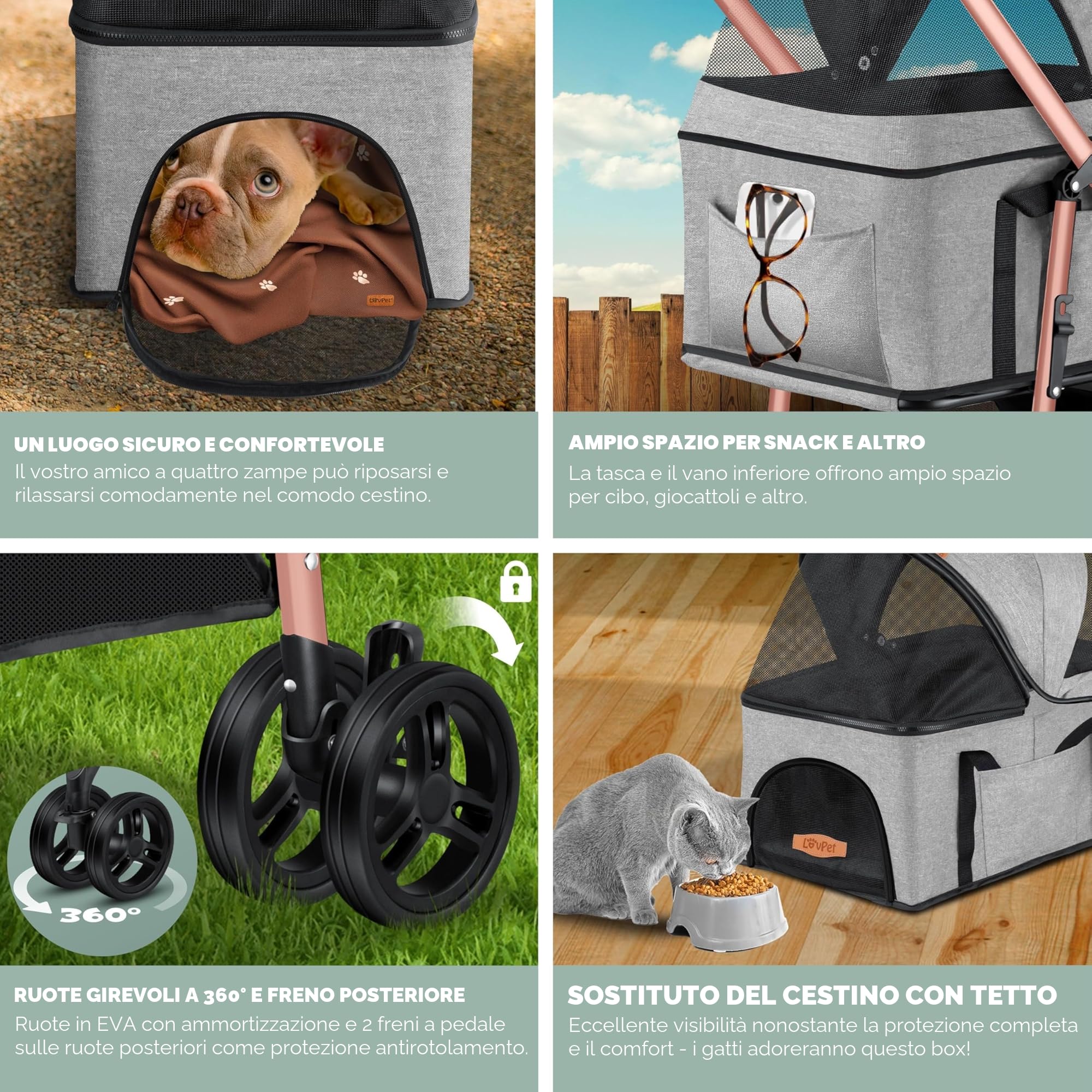 LOVPET® Passeggino per cani 2in1 - box per trasporto cani - borsa da trasporto per cani pieghevole fino a 20 kg - carrello per animali con finestre a rete e parapioggia I grigio chiaro