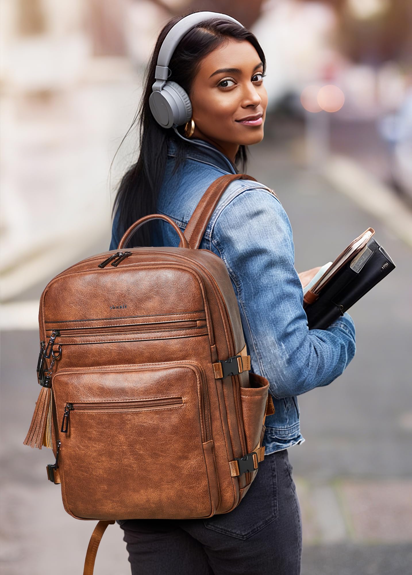Shrrie Mochila para laptop de 16 pulgadas para mujer, mochila de trabajo de cuero, mochila casual para fin de semana, camping, viajes