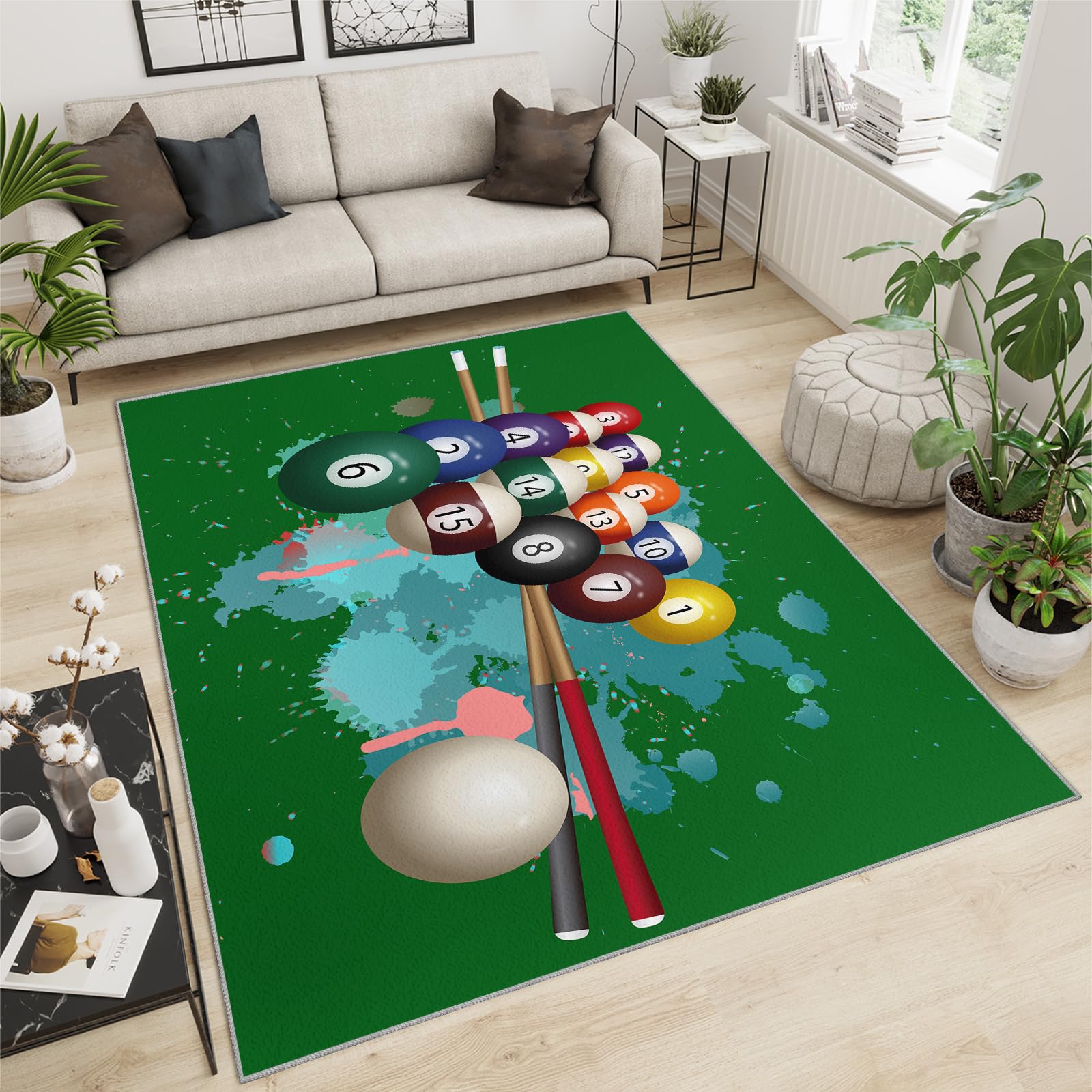 QDJKBL Washable Rugs 160 X 200 Cm Billiard Cues Table Tennis Sports, Green Graffiti Cartoon Children Farmhouse Rug, Soft Area Rug Water Proof for Classroom Home