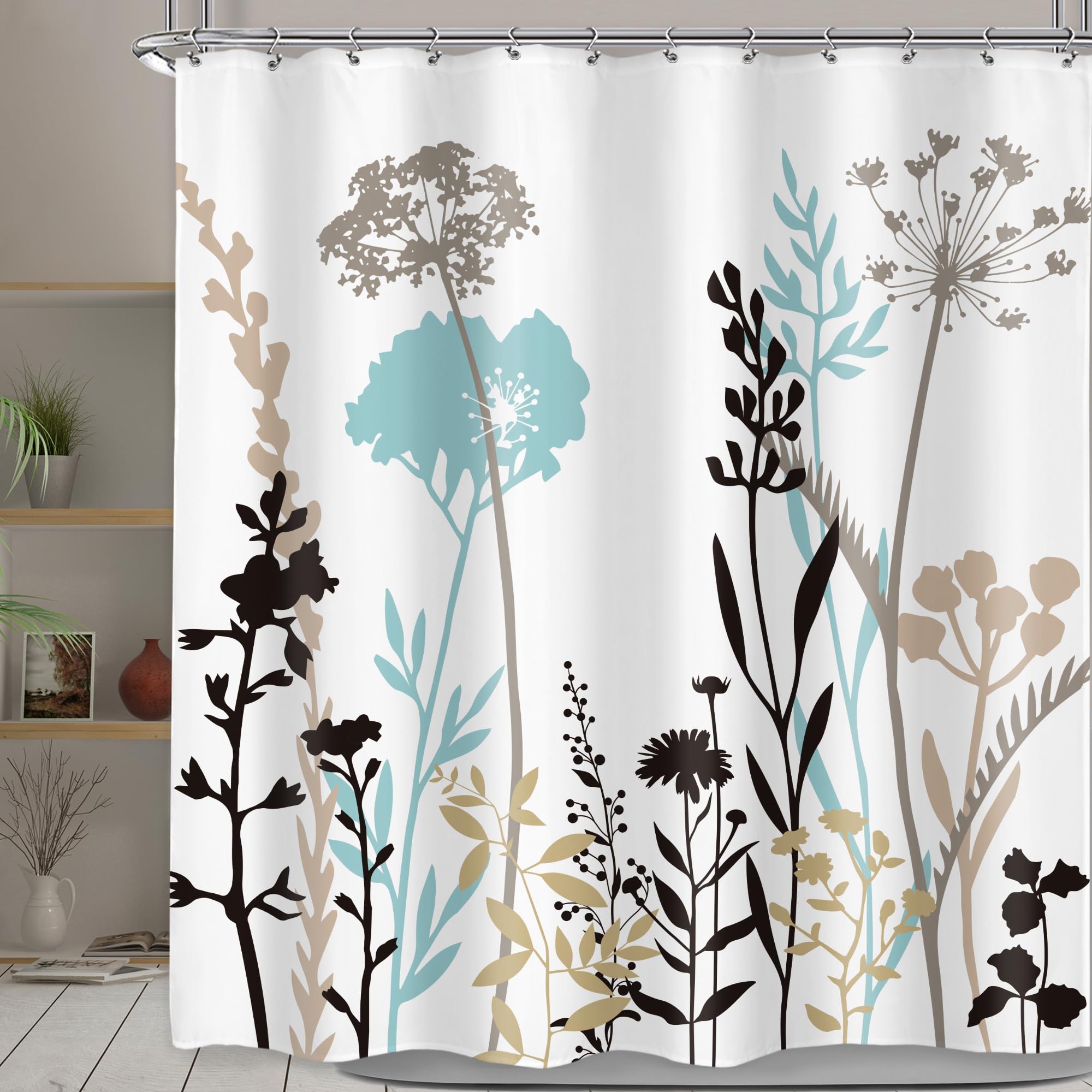 Omifly Blue Floral Shower Curtain 60Wx72H Inch Taupe Brown Silhouette Wildflower Rustic Boho Plant Vintage Black Grey Botanical Leaves with 12 Plastic