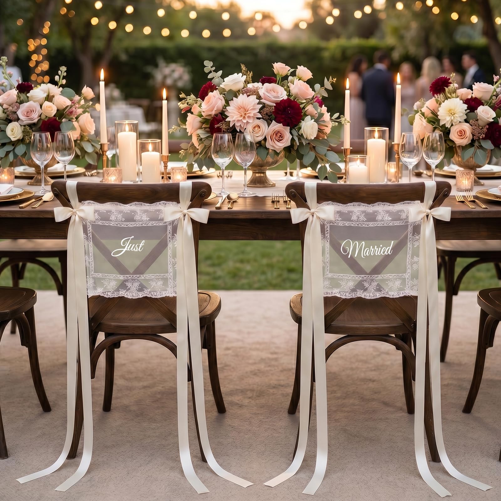 Bpyhebe 2Pcs Lace Married Chair Sashes Long Ribbon Wedding Bride Groom Chair Decor(Just/Marri)