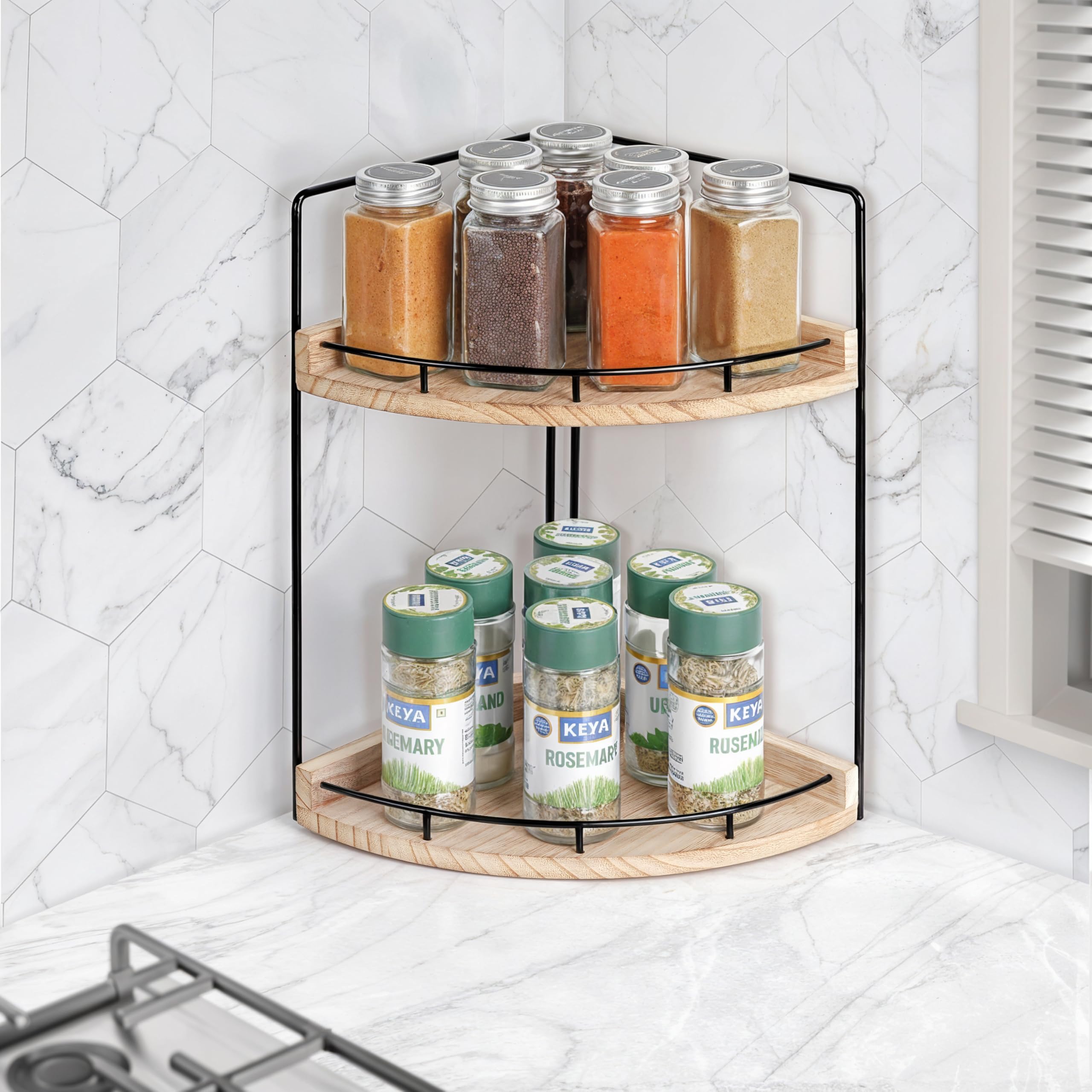 Winter Shore Scaffale 2 Ripiani Angolare in Legno - Scaffale Bagno - Scaffale Angolare per Bagno - Ripiano Salvaspazio Cucina, Lavandino Bagno, Ripiano Portaprofumi e Portaoggetti per Toilette