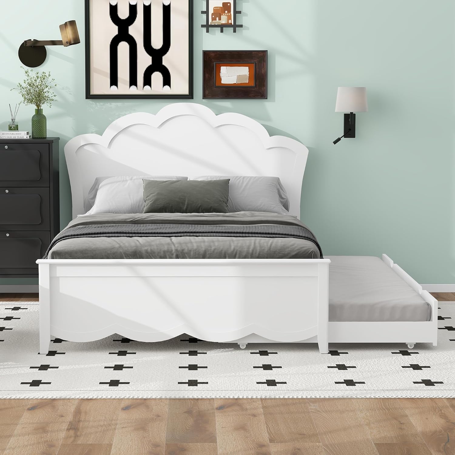 Harper & Bright Designs Full Bed Frame with Trundle, Wooden Full Size Platform Bed with Headboard, for Kids Teens Adults, White
