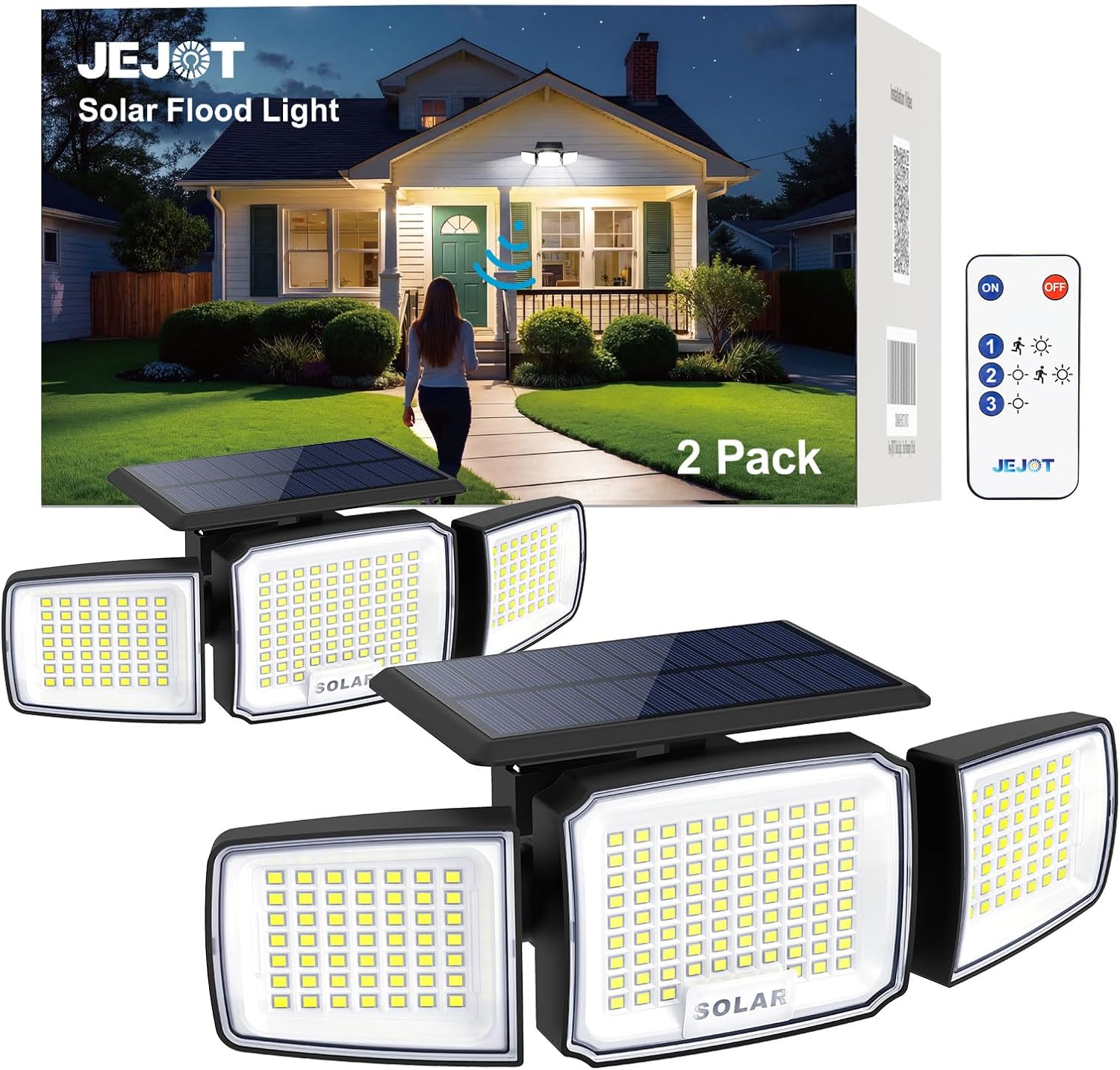 Solar Security Light Outdoor,Solar Flood Light with Active Motion Sensor,3 Heads 270° Wide Angle,Remote Control,IP65 Waterproof, 3 Modes (2 Packs)