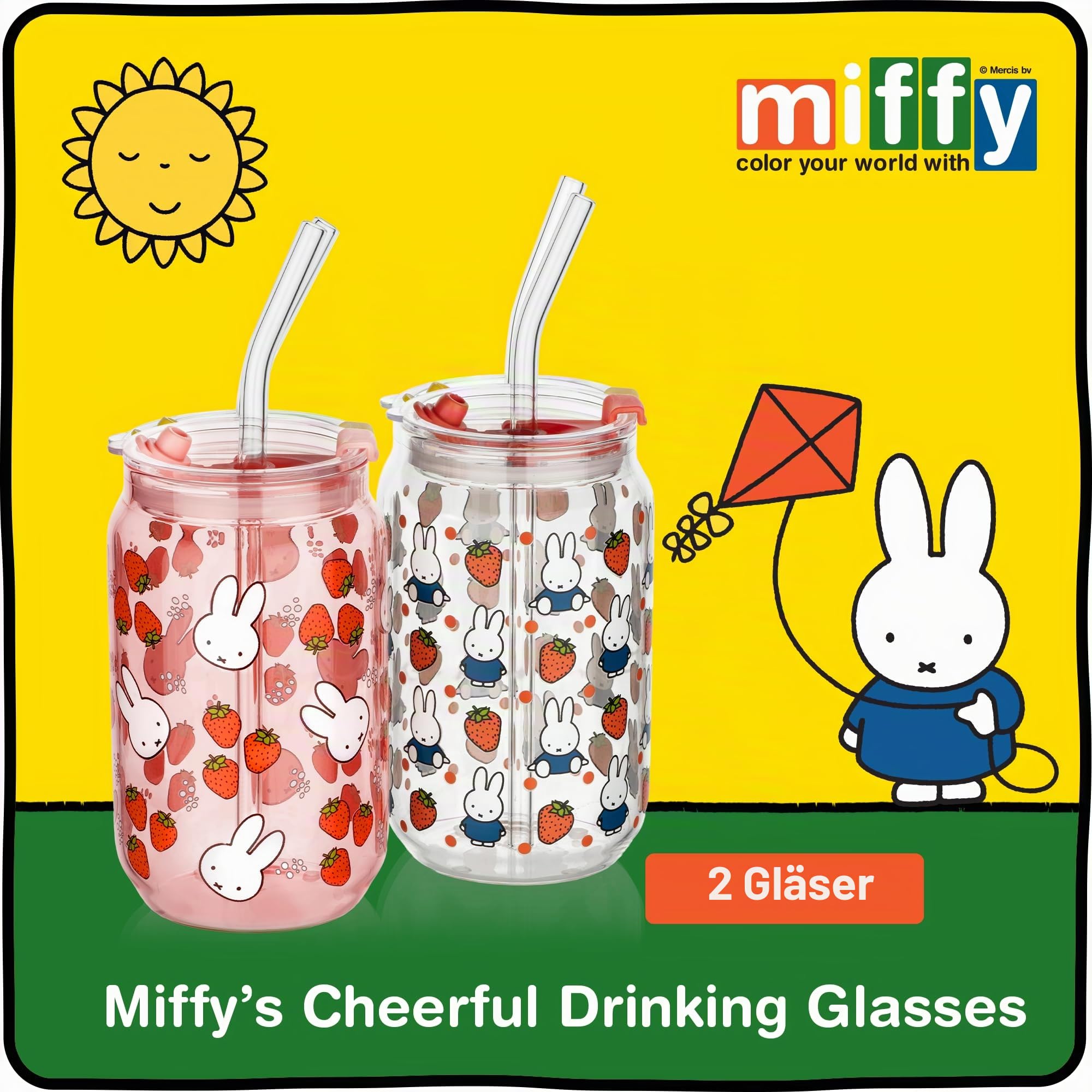 Dragon Glassware | Miffy Glasbecher mit Strohhalm, 473 ml, Erdbeere, 2 Stück | Nijntje Trinkgläser mit Deckel & Strohhalmen Eiskaffeetassen mit Deckel Miffy Glasbecher mit Strohhalmen & Deckel