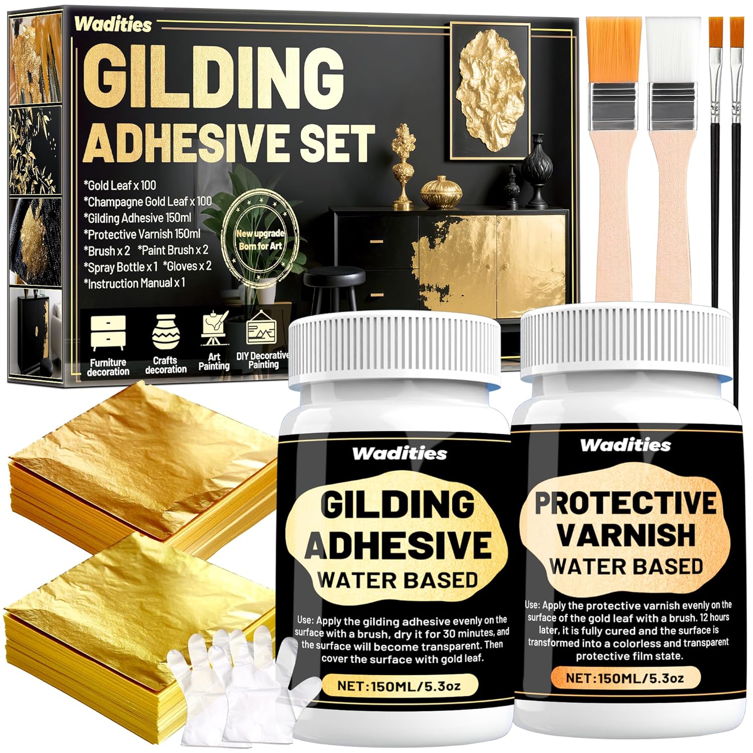 Gilding Adhesive Set, Wadities 5.3oz/150ml Water Based Adhesive and Varnish, 100 Gold Leaf Sheets and 100 Champagne Gold Foil for Furniture & Art Crafts Decoration, DIY Decorative Painting