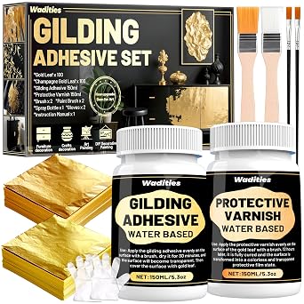 Gilding Adhesive Set, Wadities 5.3oz/150ml Water Based Adhesive and Varnish, 100 Gold Leaf Sheets and 100 Champagne Gold Foil for Furniture & Art Crafts Decoration, DIY Decorative Painting
