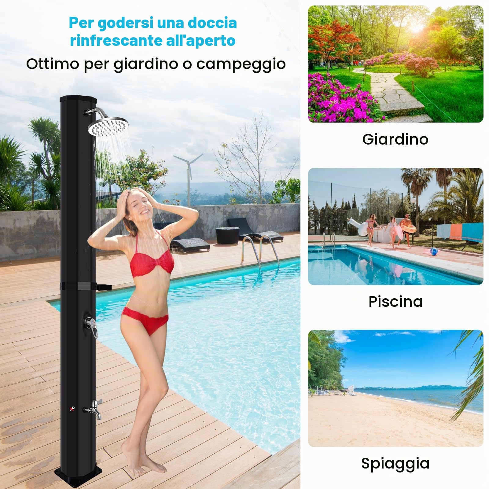 Doccia Solare Esterno 60 L, Colonna Doccia Solare Piscina con Telo Protettivo, Solare da Esterno con Doccia e Rubinetto a Pedale, Serbatoio PVC, Acqua Calda Fredda, Soffione 360° Giardino Campeggio