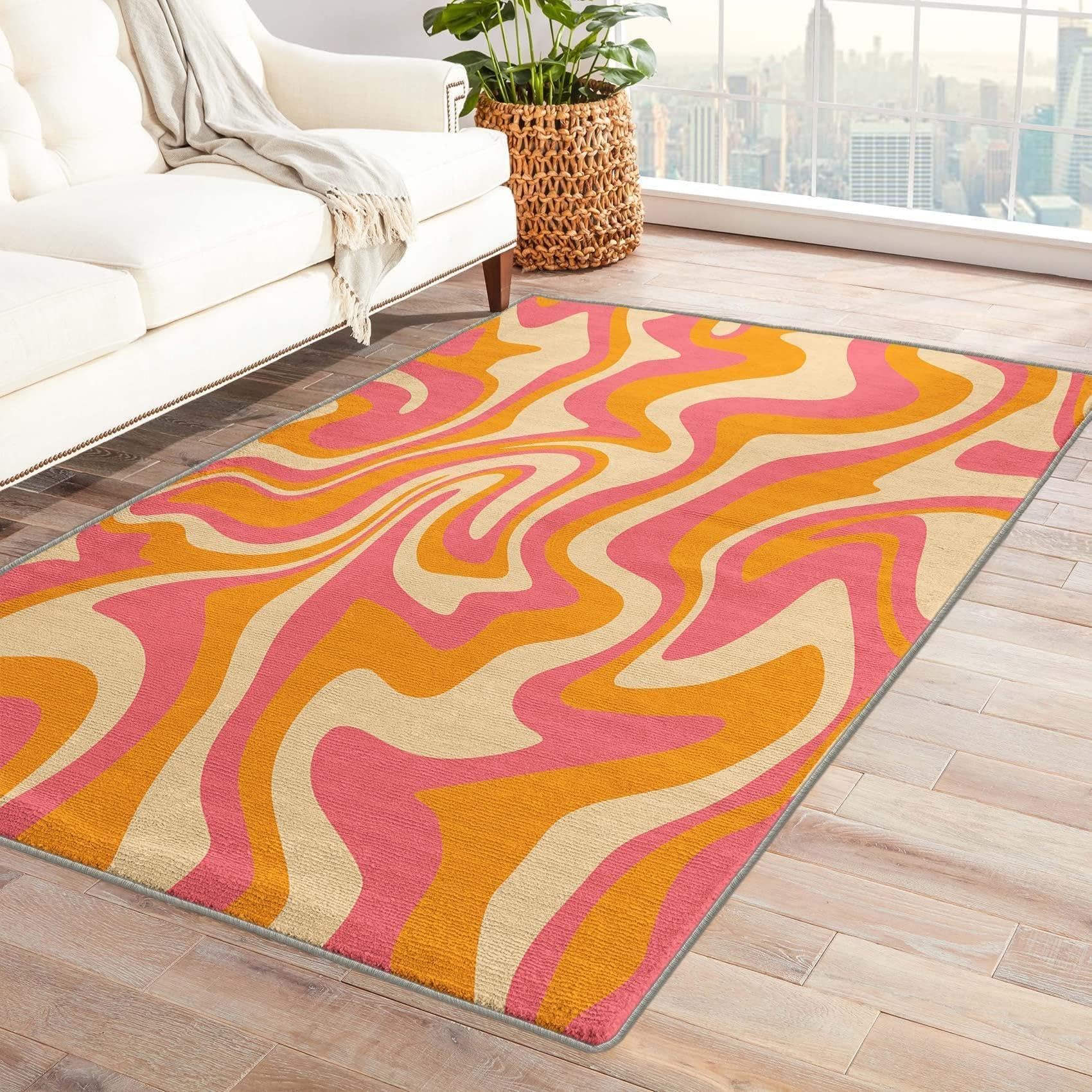 AUWUUA 70S Orange and Pink Abstract Wavy Swril Pattern Area Rug for Living Room 200x280cm(6.6×9.2ft) Retro Aesthetic Colorful Striped Washable Non-Slip Carpet for Bedroom Kitchen Entryway Office