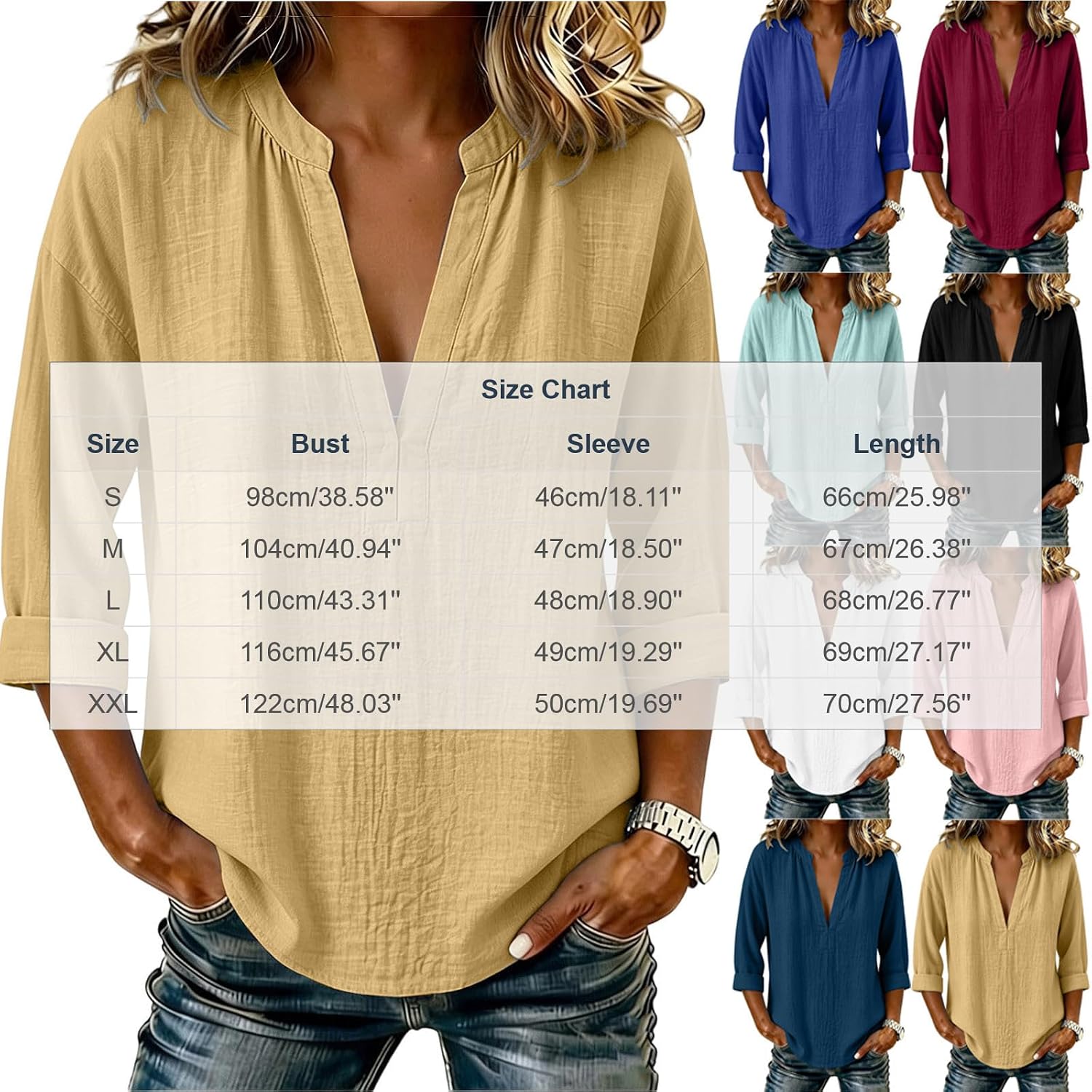 Womens Linen Top Casual Loose Fit Lightweight 3/4 Sleeve T Shirts | Solid Color Plus Size Gauze Blouses Comfy Soft V Neck Breathable Travel Vacation Peasant Clothes