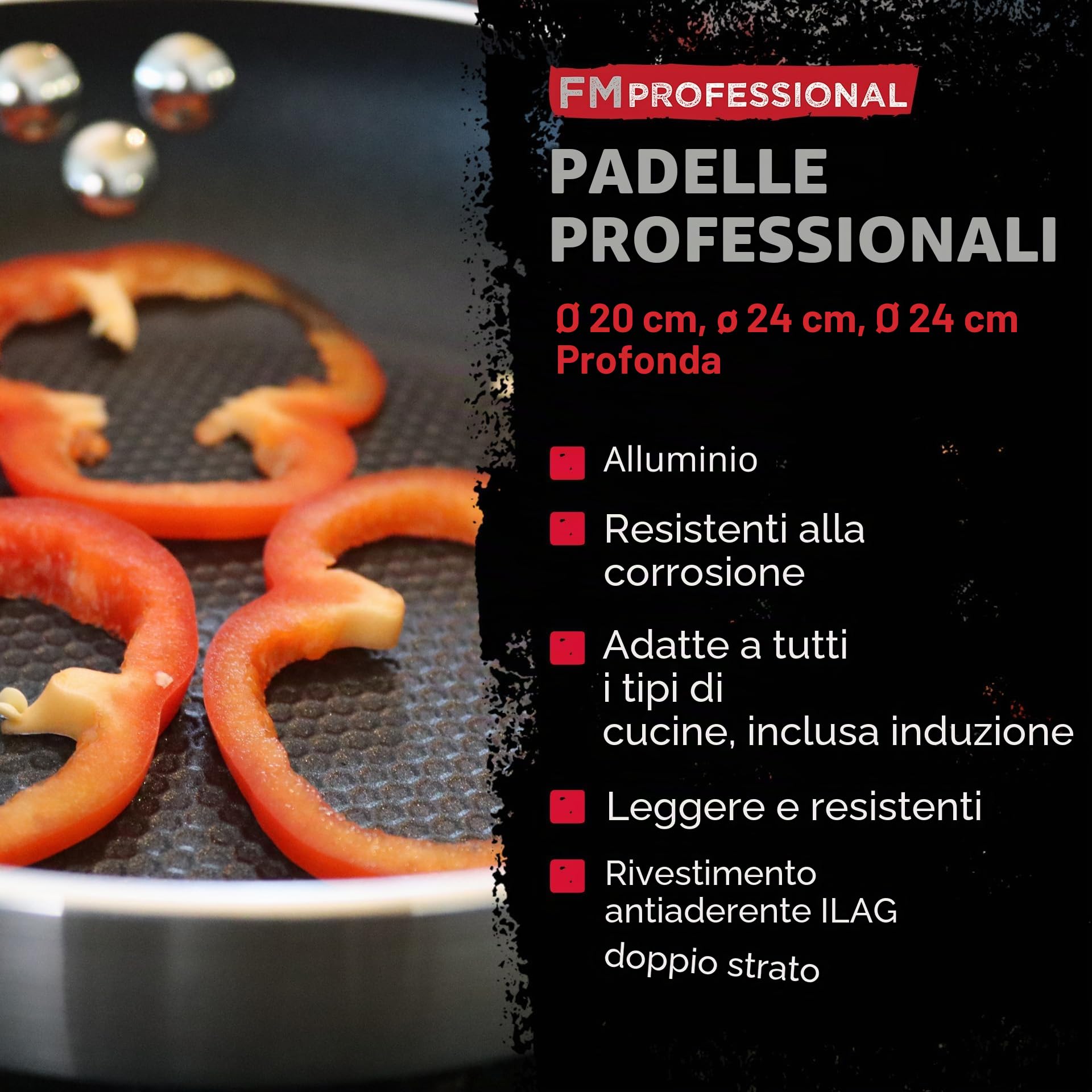 FMProfessional Set di 3 padelle professionali 20/24/24 cm profonda, in alluminio leggero e resistente, adatte per induzione e tutti i tipi di cucine, antiaderente doppio strato, struttura a nido d'ape