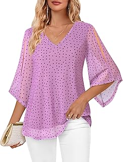 Vafoly Blouse Women's Elegant Short Sleeve Summer Tunic V-Neck Mesh Top Flowers Double Layer Tunic