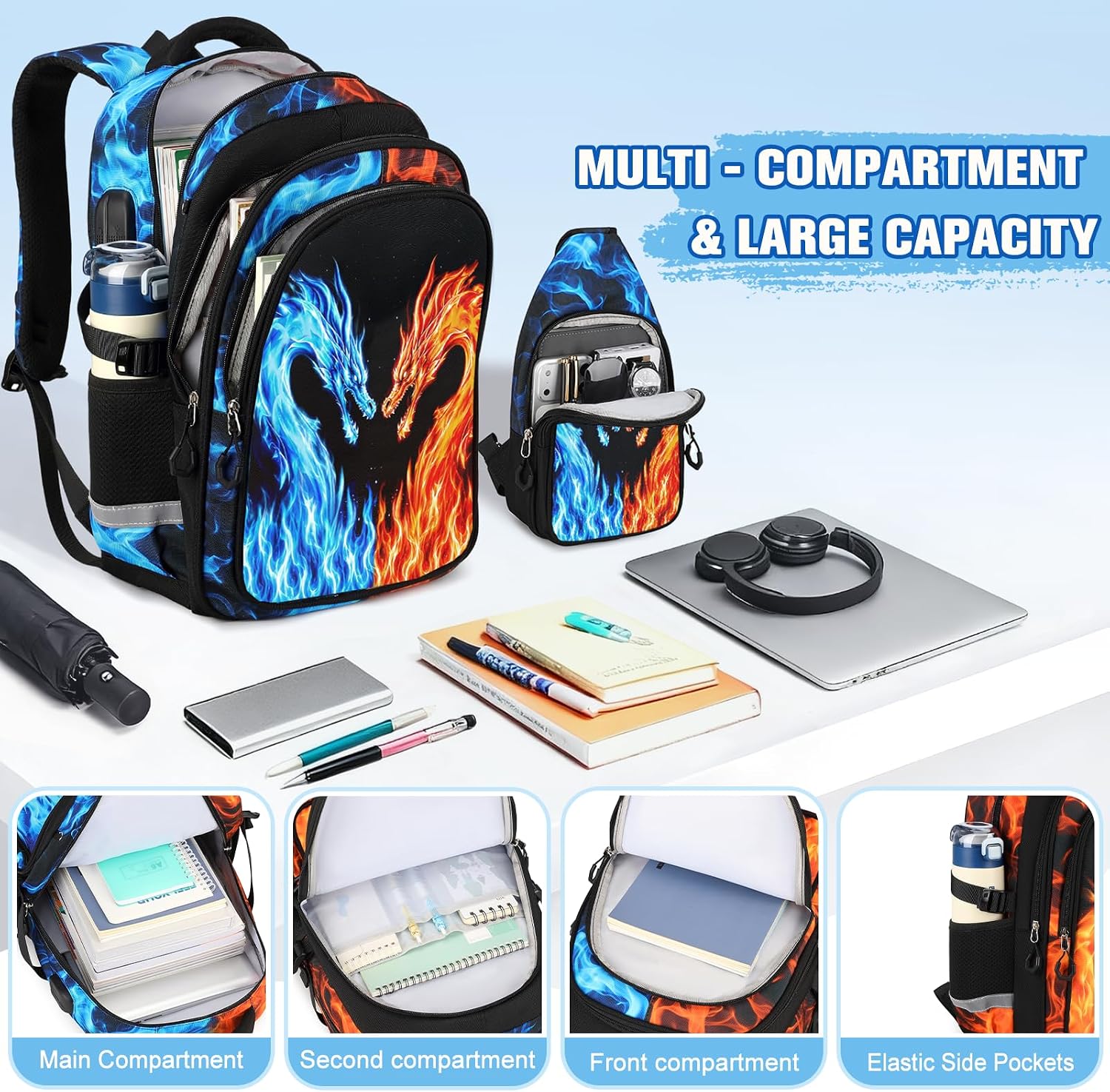 Backpack Boys 4pcs Cool Flame School