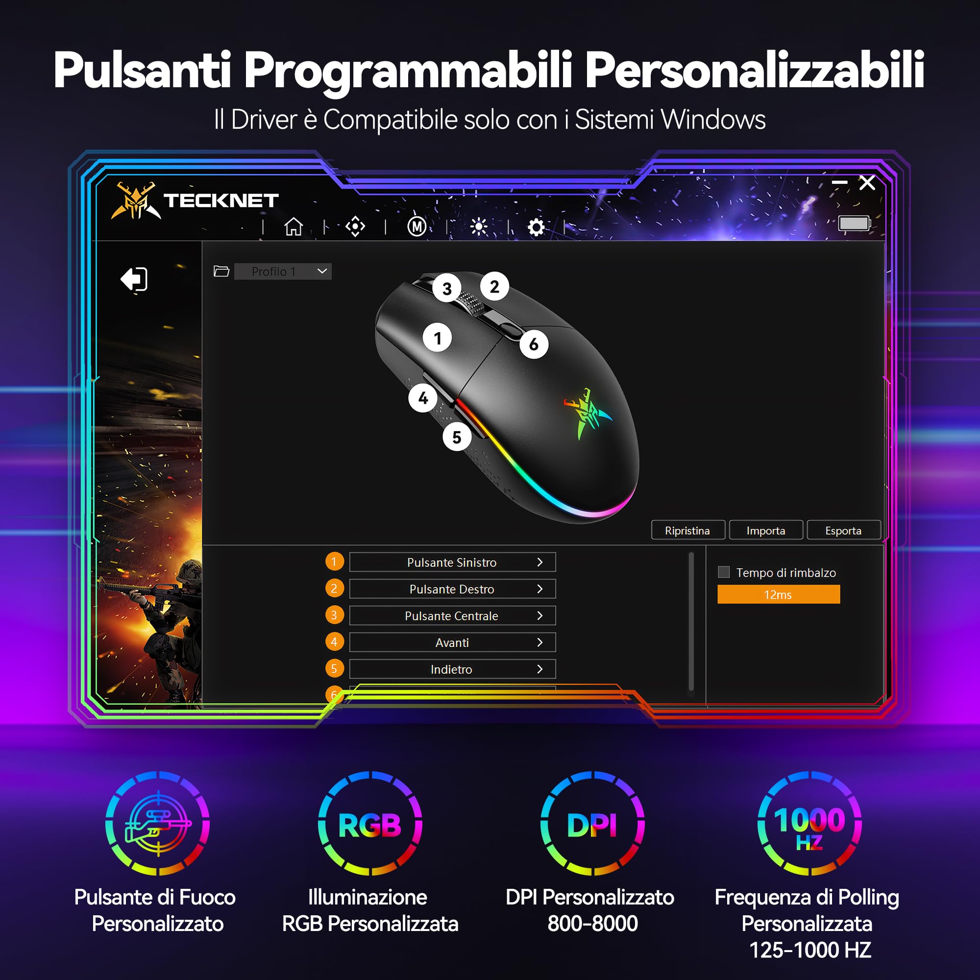 TECKNET Mouse Gaming Wireless, 8000DPI Gaming Mouse Wireless Ricaricabile, Doppia Modalità a 2.4G e Cablato, 6 Modalità RGB, Gaming Mouse Pc con Pulsanti Programmabili per Window XP/11/10/8/7, Nero