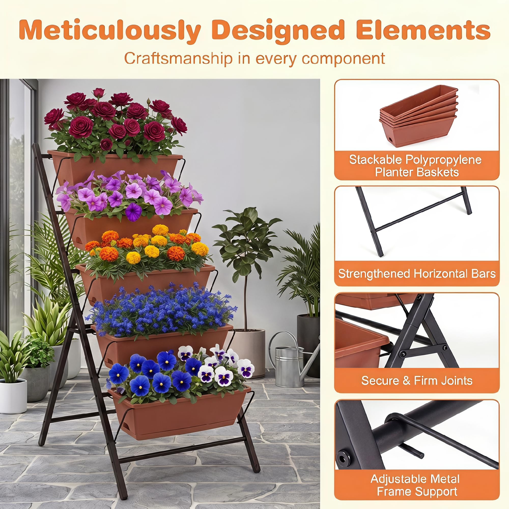 HOMASIS Jardinera Vertical de 5 Niveles, 57 x 71 x 115 cm (Rojo) | Huerto Vertical con Marco de Metal, Bandejas Extraíbles y Orificios de Drenaje, Macetero Elevada para Interiores y Exteriores