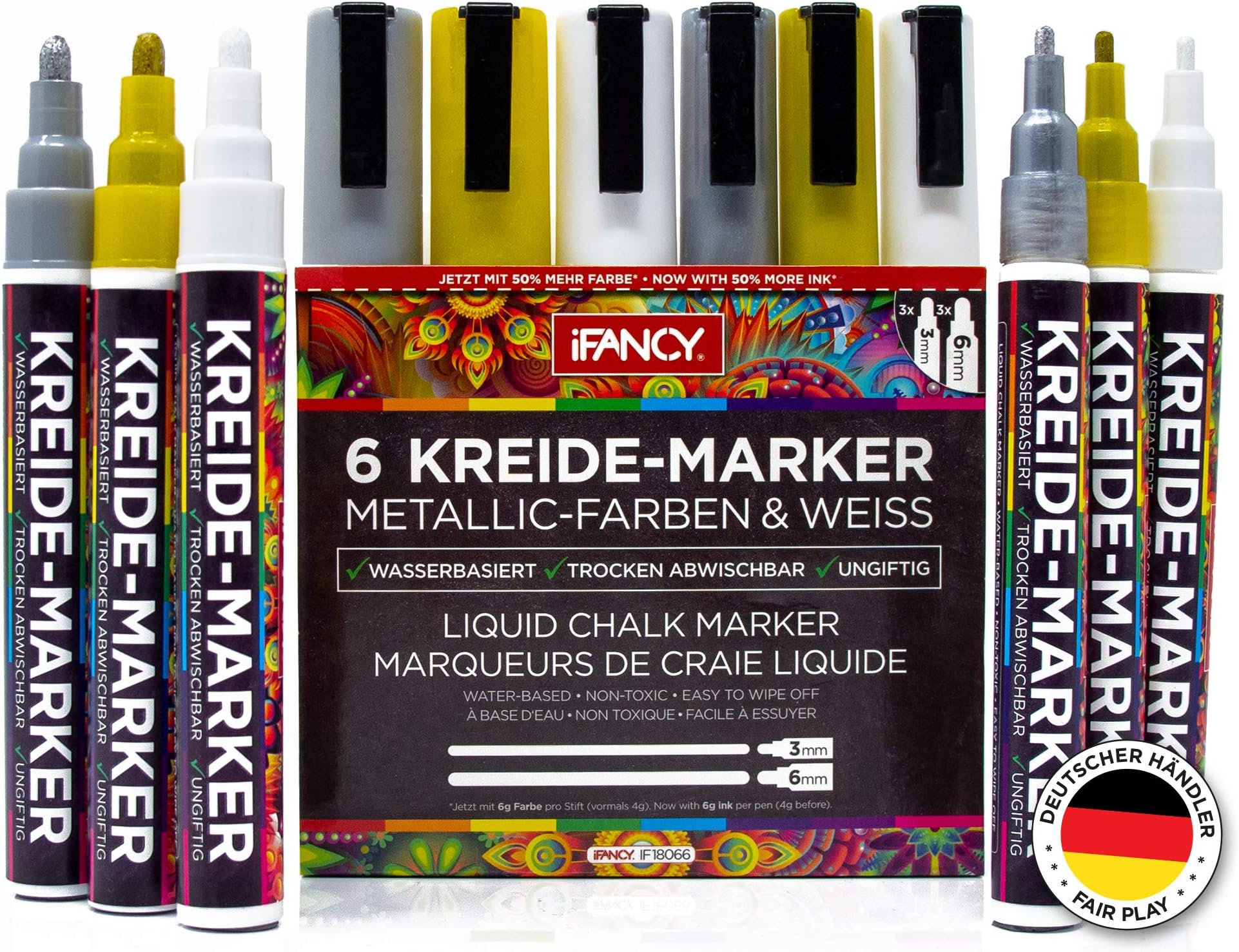 iFancy Premium Metallic Chalk Pens Set of 6 Gold Silver & White – 3 mm + 6 mm Interchangeable Tip – 50% More Ink – Washable & Non-Toxic Chalk Marker