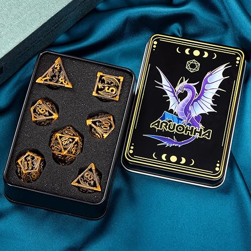 Miniatura 93 de ARUOHHA Juego de dados huecos DND, 7 piezas de dados de metal arcoíris D y D, juegos de rol RPG, dados poliédricos con caja de regalo D20 D12 D10 D8