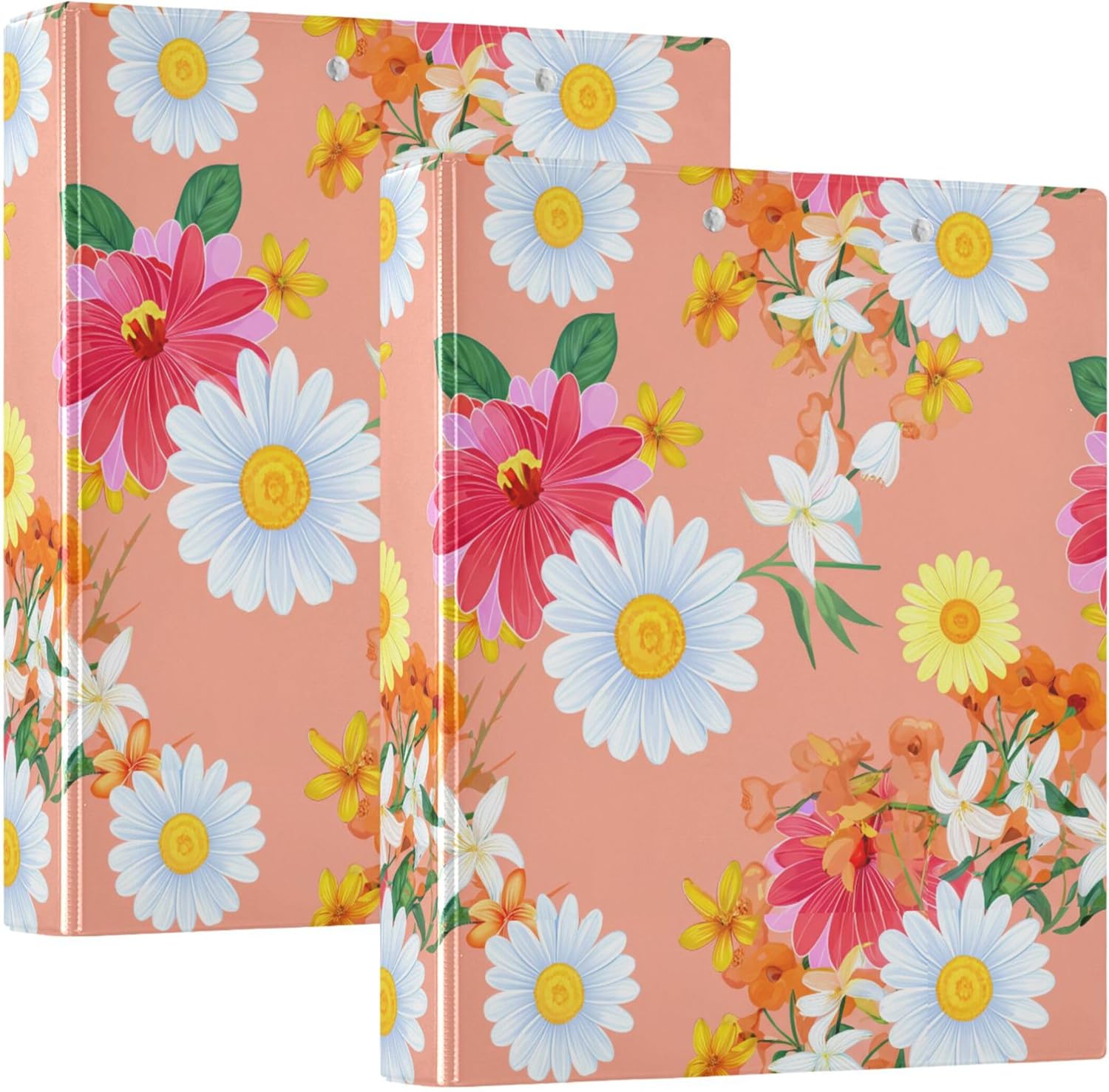 Beautiful Colorful Flowers 3 Ring Binders, 1.5” Round Ring Binders with Clipboard - Letter Size, 3 Interior PVC Clear Pockets & Anti-Slip Clip for Office School Supplies, 2PCS