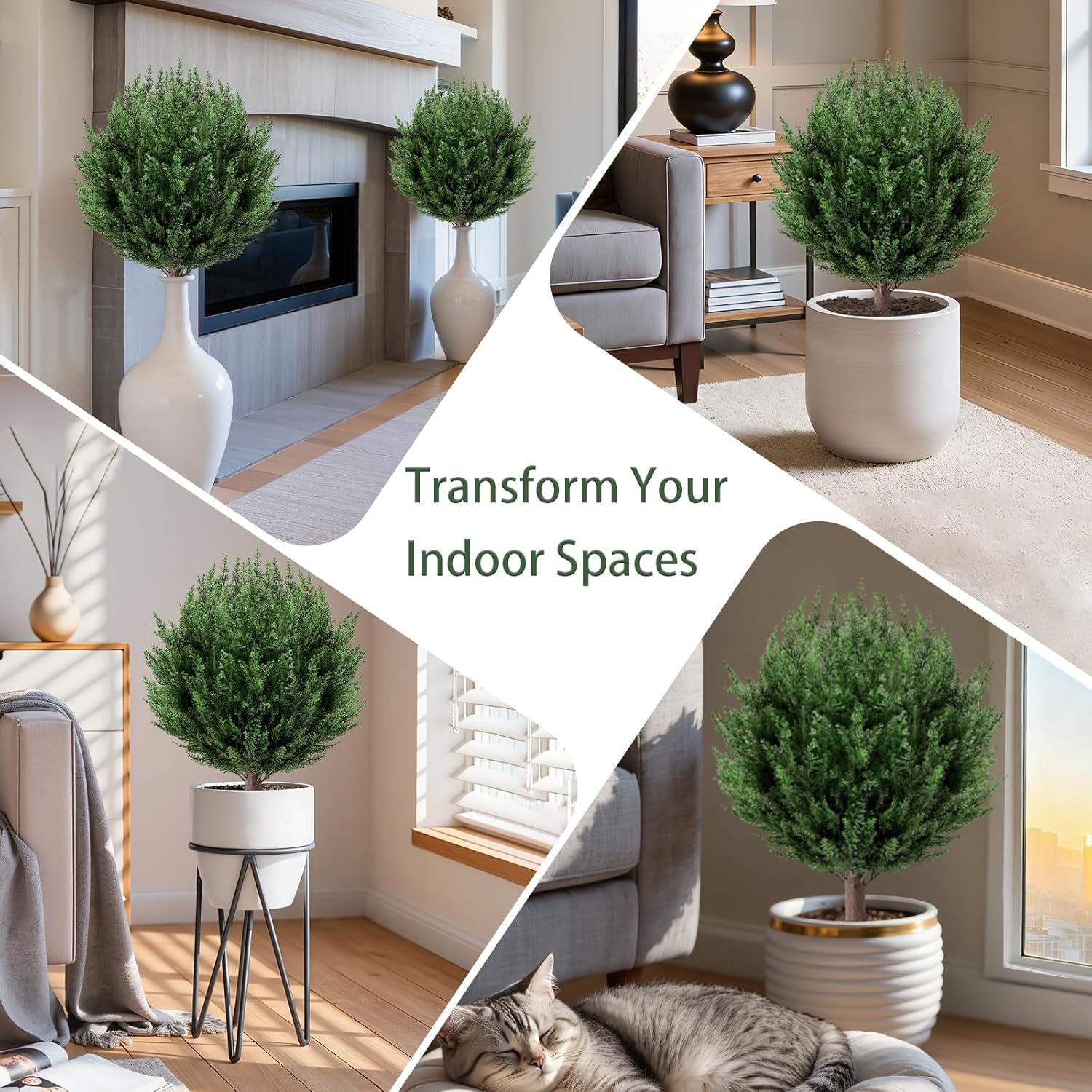 2 Pack 2FT Artificial Cedar Topiary Trees with Ground Spike, Fake Pine Shrubs Bushes, UV Resistant Faux Evergreen Cypress Tree Plants for Indoor Outdoor Planters Front Porch