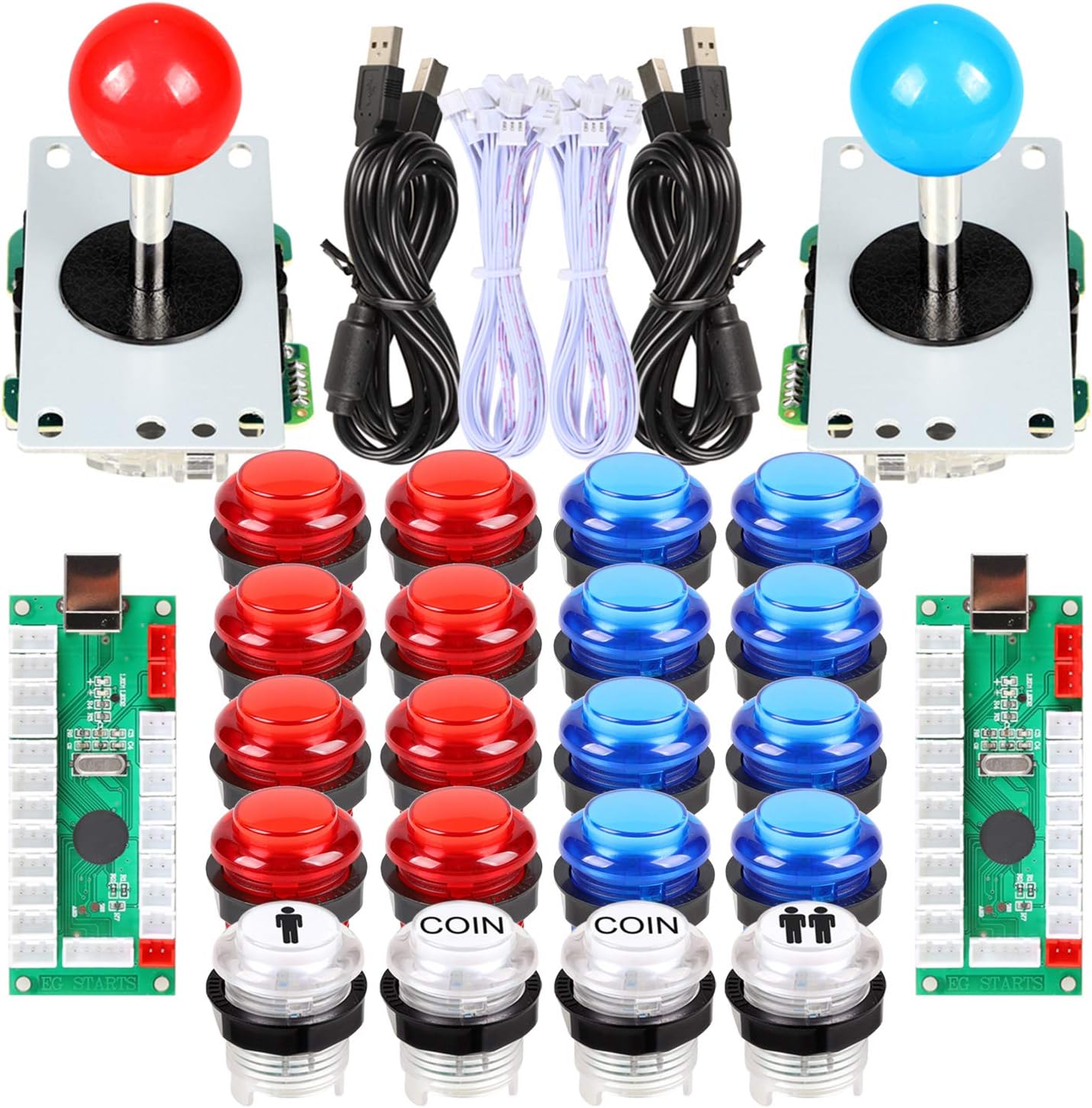 Avisiri 2 Player LED Arcade Buttons and joysticks DIY kit 8 Way Joysticks + 20x 5v LED Arcade Buttons Game Controller kits for MAME Raspberry Pi