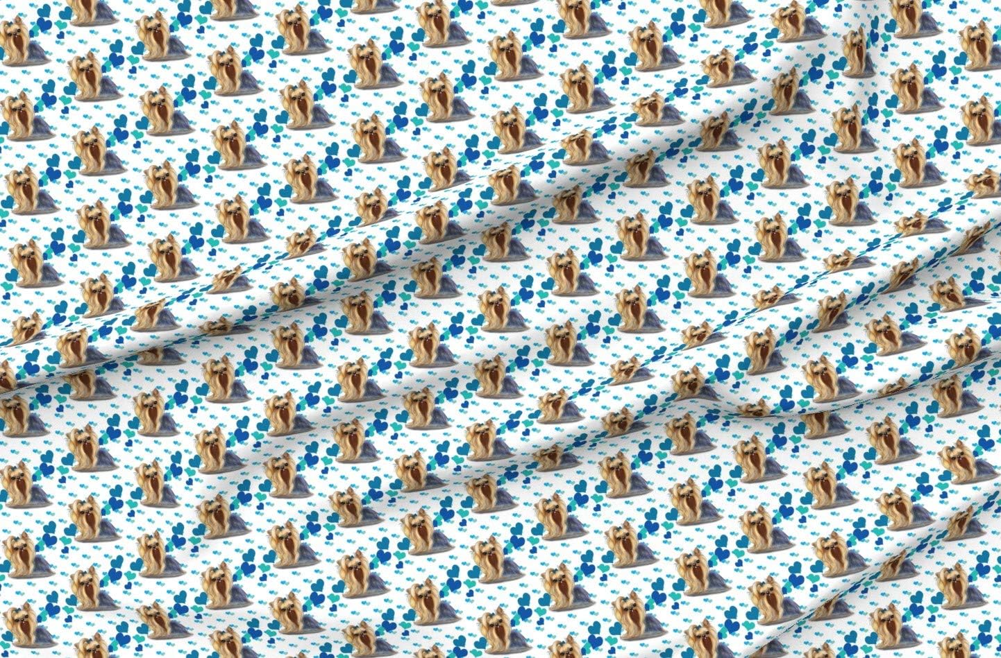 Spoonflower Fabric - Yorkie Blue Hearts Yorkshire Dog Pet Puppy Printed on Organic Cotton Sateen Fabric by The Yard - Sewing Quilting Apparel Home Decor