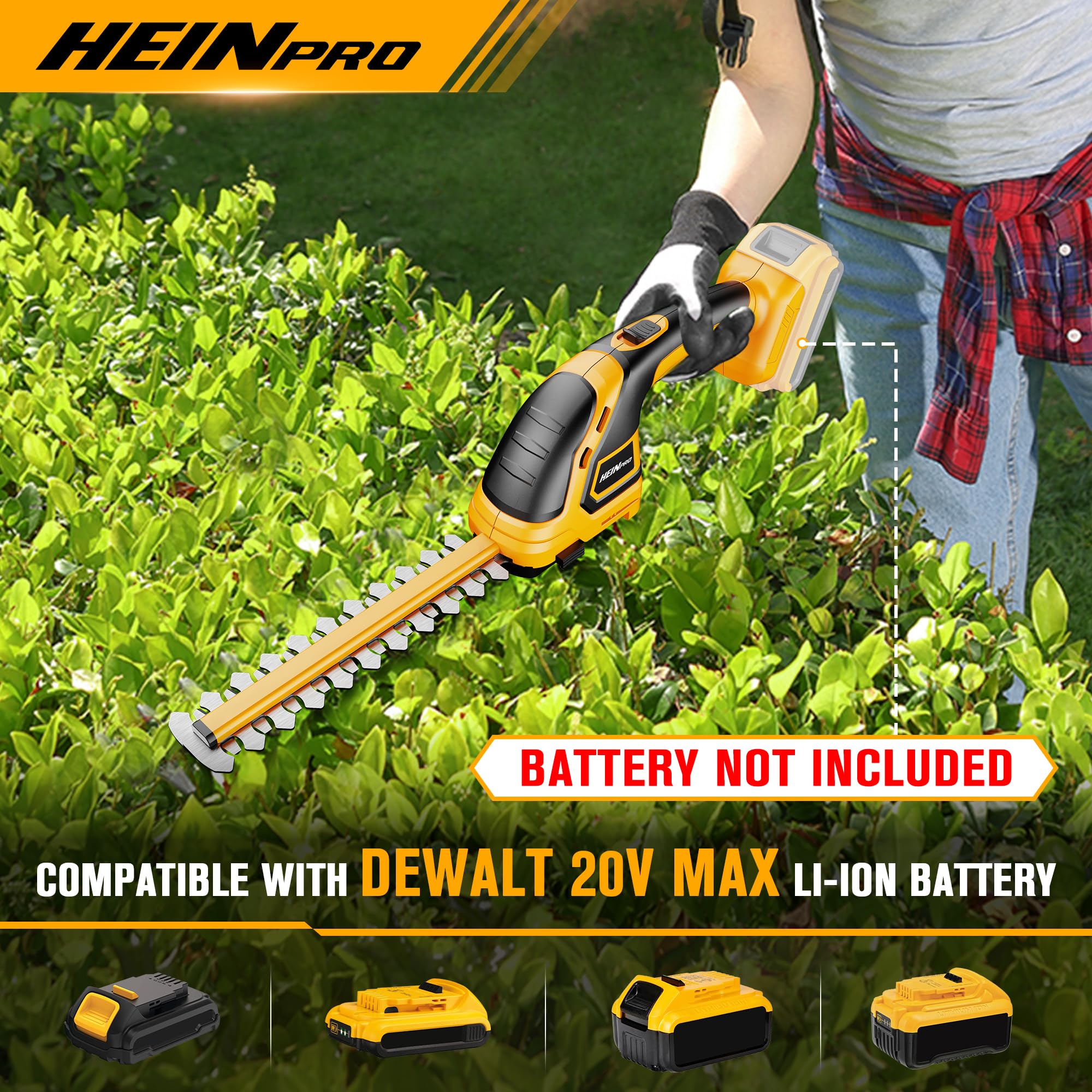 HEINPRO - Cortasetos inalámbrico, compatible con batería DEWALT 20 V MAX (sin batería), cortasetos eléctrico sin cable, cortasetos cortacésped de mano para patio, jardín, césped