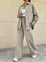 Vista 3 de OYOANGLE Blusa de 2 piezas con botones para mujer, manga larga y pantalones de pierna ancha con bolsillo