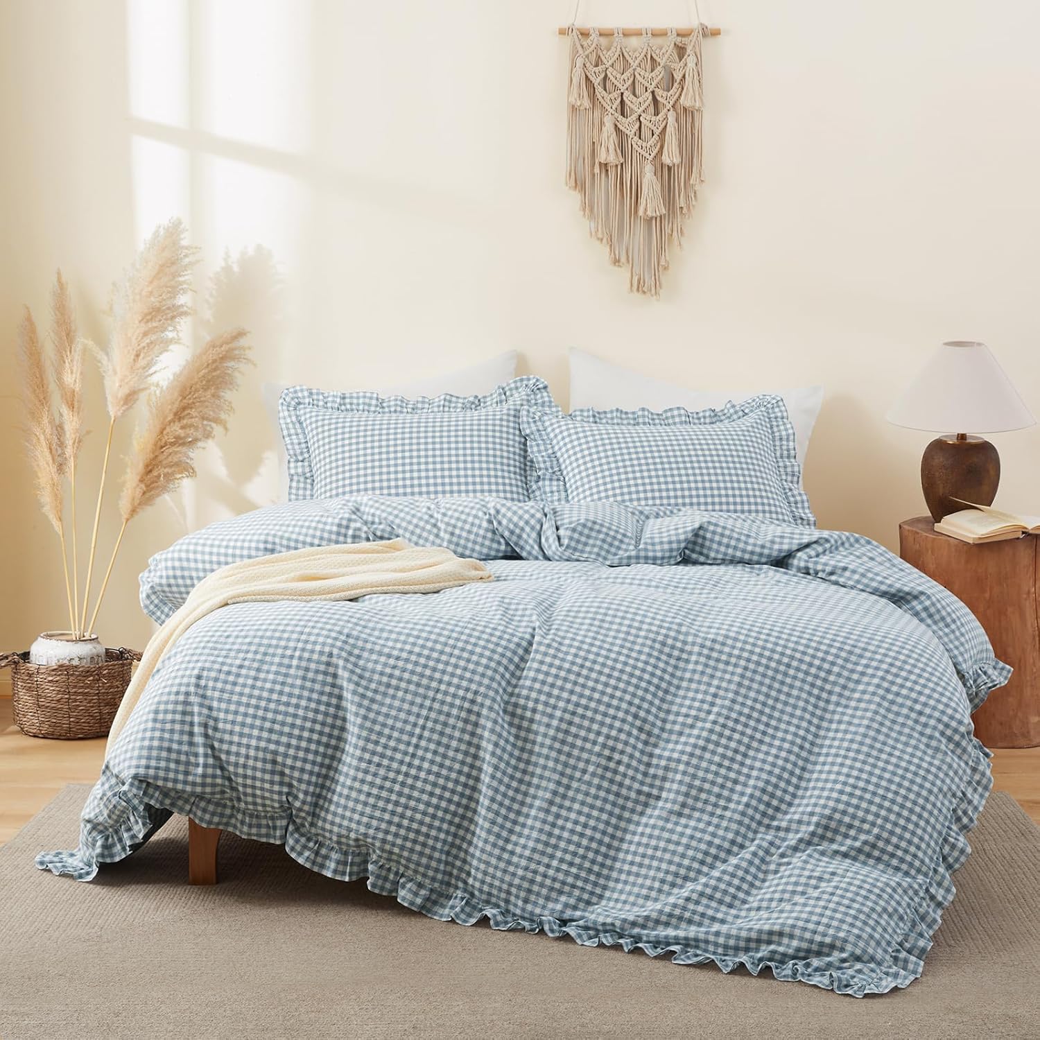 Dusty Blue Gingham Ruffle Duvet Cover King Size 3 Piece Cotton Blue Plaid Comforter Cover, Ruffled Shabby Chic Checkered Bedding Set with Zipper Closure & Corner Ties(Comforter Not Included)