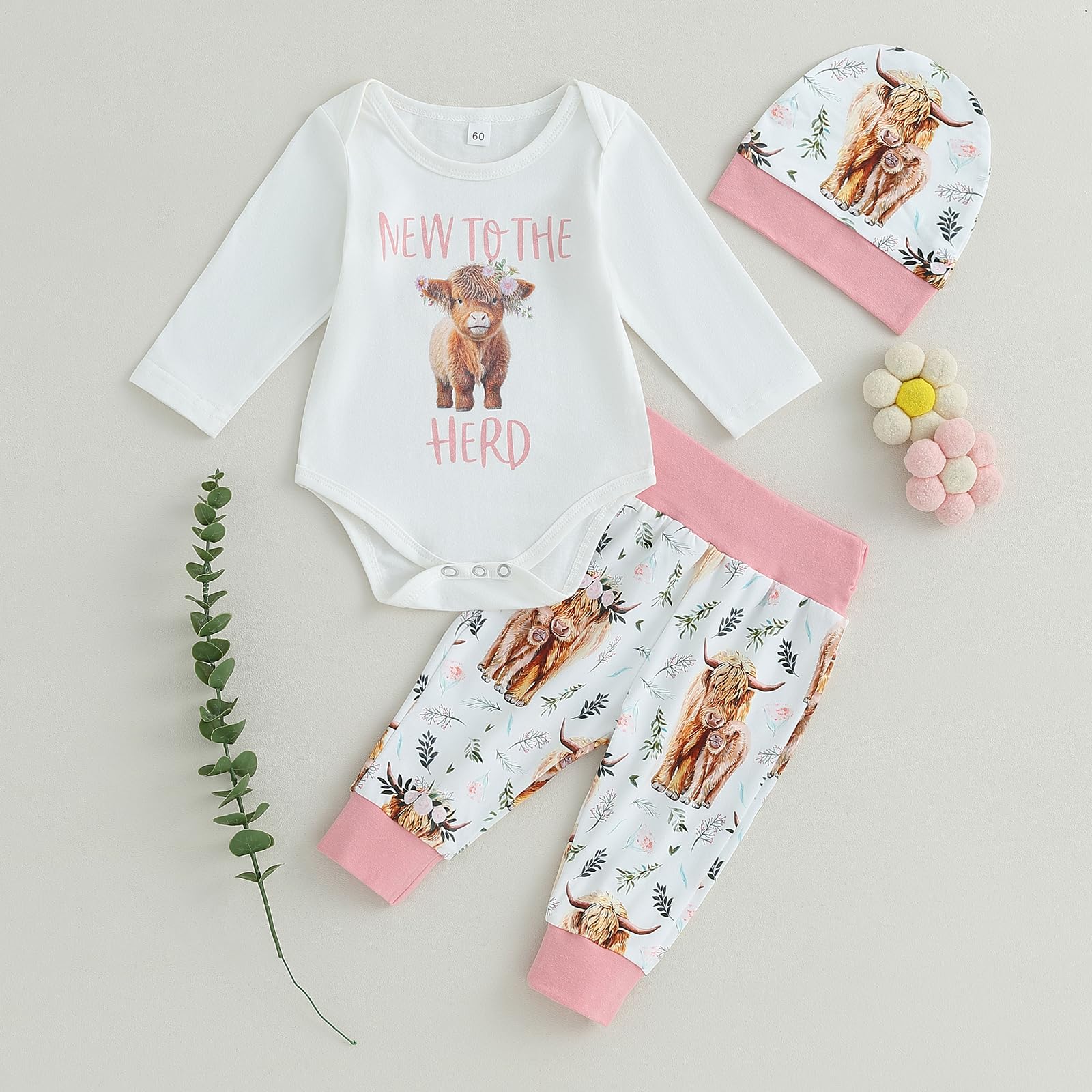Western Baby Girl 3Pcs Fall Clothes Set Long Sleeve New to The Herd Romper Cow Print Pants Newborn Coming Home Outfits (White, 0-3 Months)