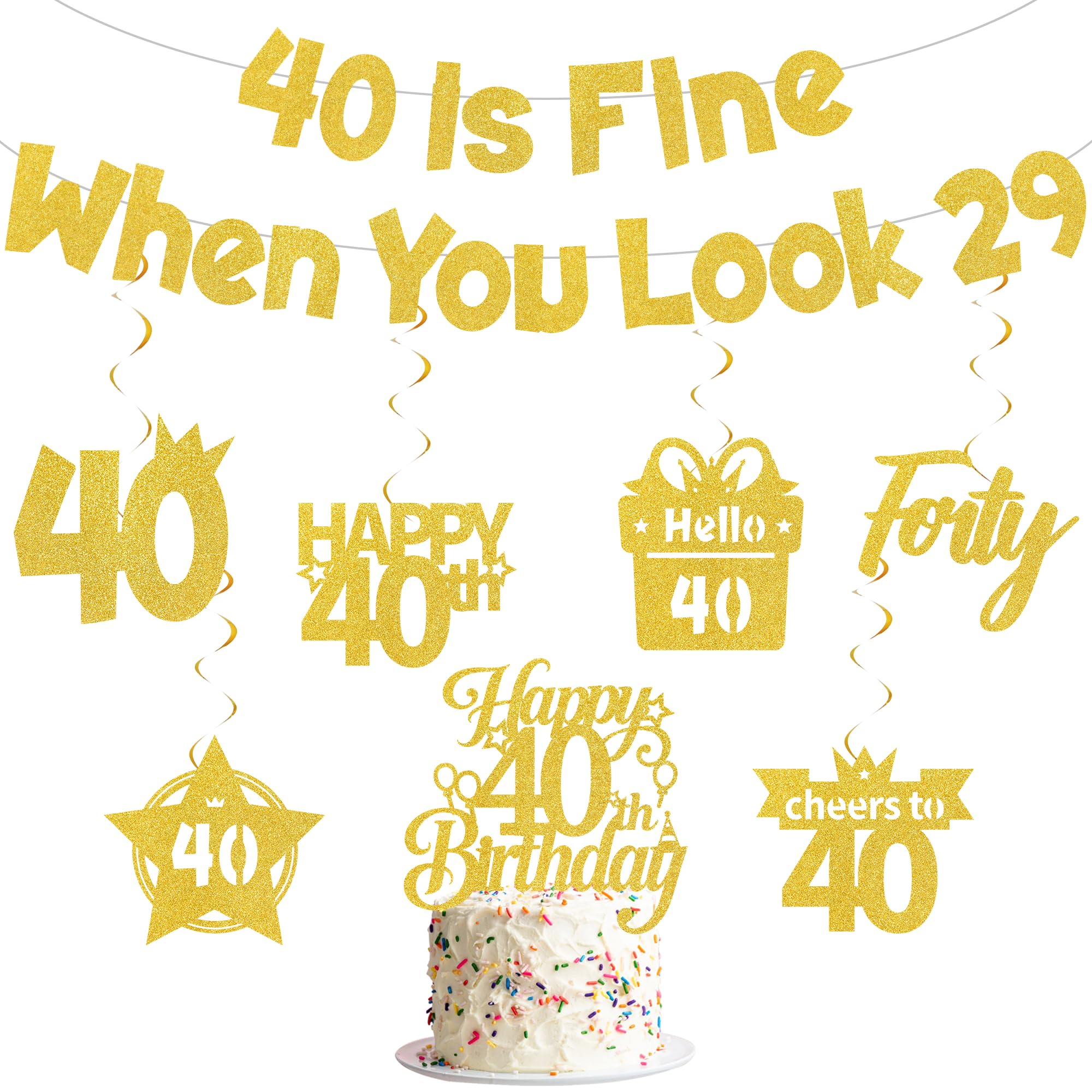 40th Birthday Decorations, Gold Glitter Banner Funny Age 40 Party Supplies