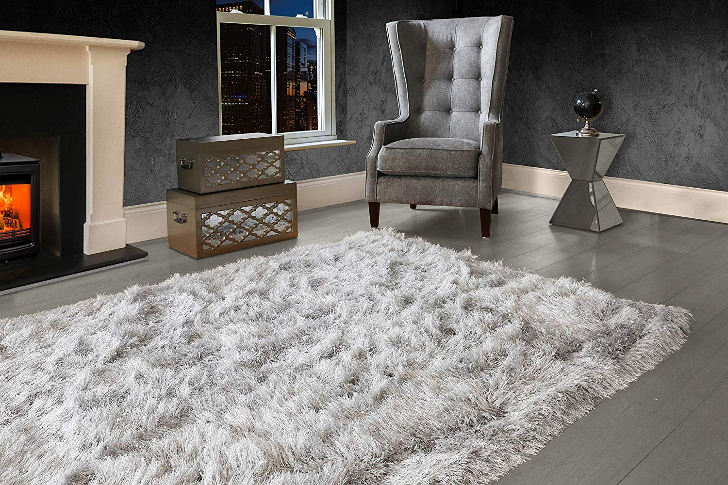 Viceroy Bedding Silver Grey Modern Extra Large 9Cm Thick Dense Pile Shaggy Rug With Sparkle Shimmer Strands - For Living Room Area Rugs - Luxurious Super Soft Touch (, 200Cm X 290Cm (6.6Ft X 9.5Ft))