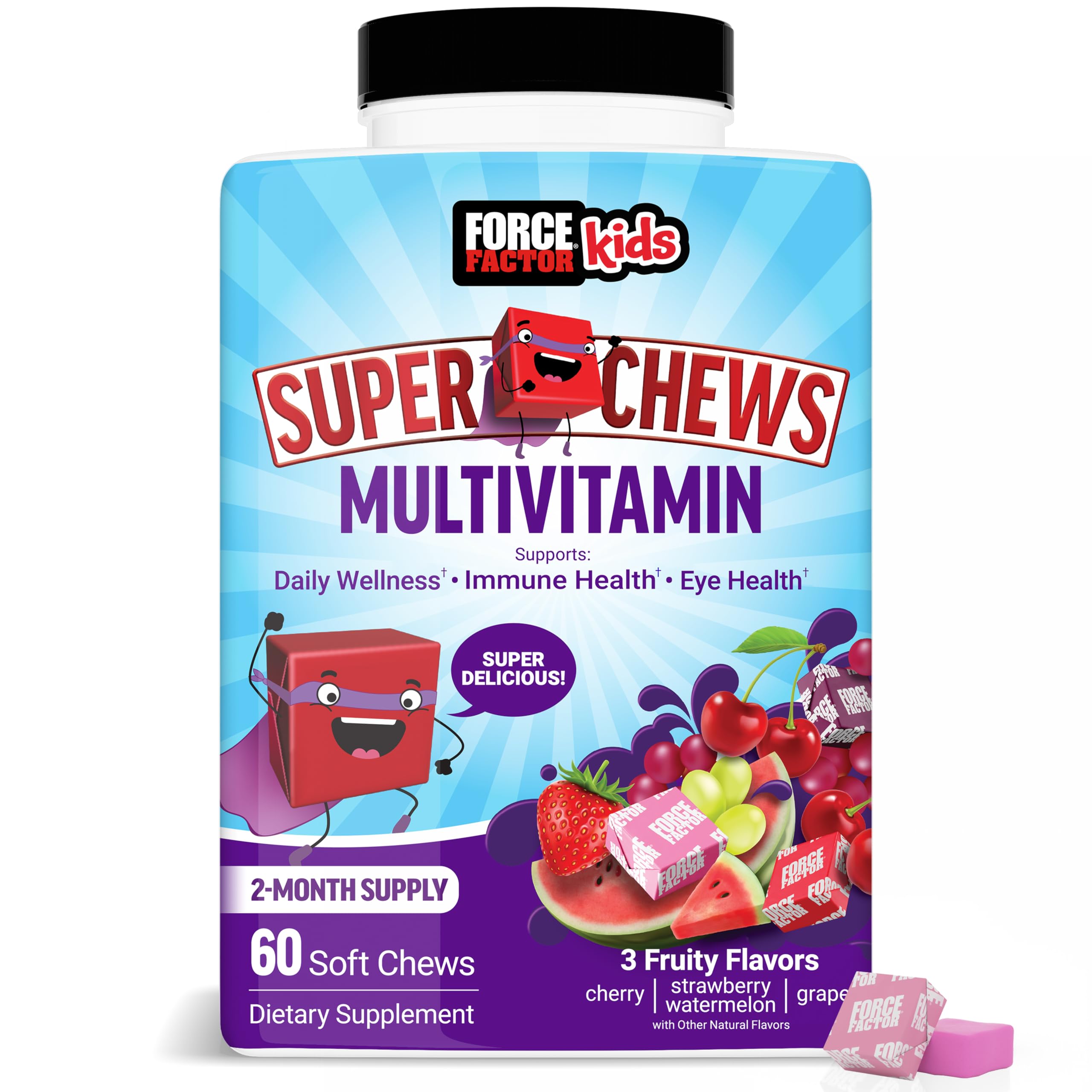 Force Factor Kids Multivitamin Super Chews, Kids Vitamins to Support Wellness, Immune Health, Eye Health, & More with 18 Vitamins, Minerals, & Antioxidants, 2-Month Supply, Multi-Flavor, 60 Soft Chews