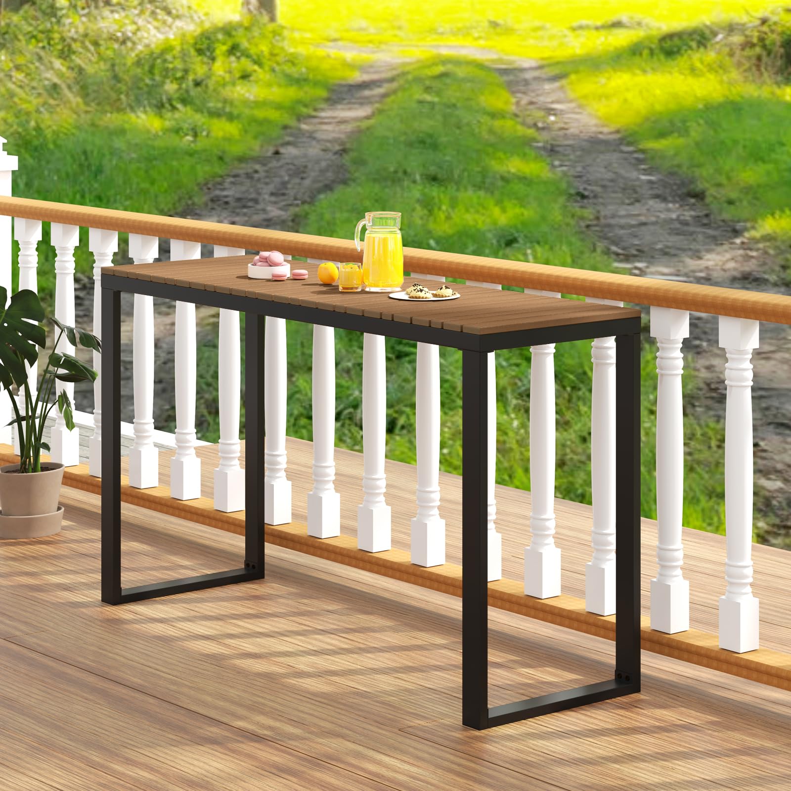 GOPLUS Table Bar Exterieur, Table Haut Extérieur, Console Jardin Exterieur Structure Résistante en Métal, Plateau à Lattes Empêchant l'Accumulation d'eau, Cour et Terrasse, Charge 60KG, 129x42x75CM