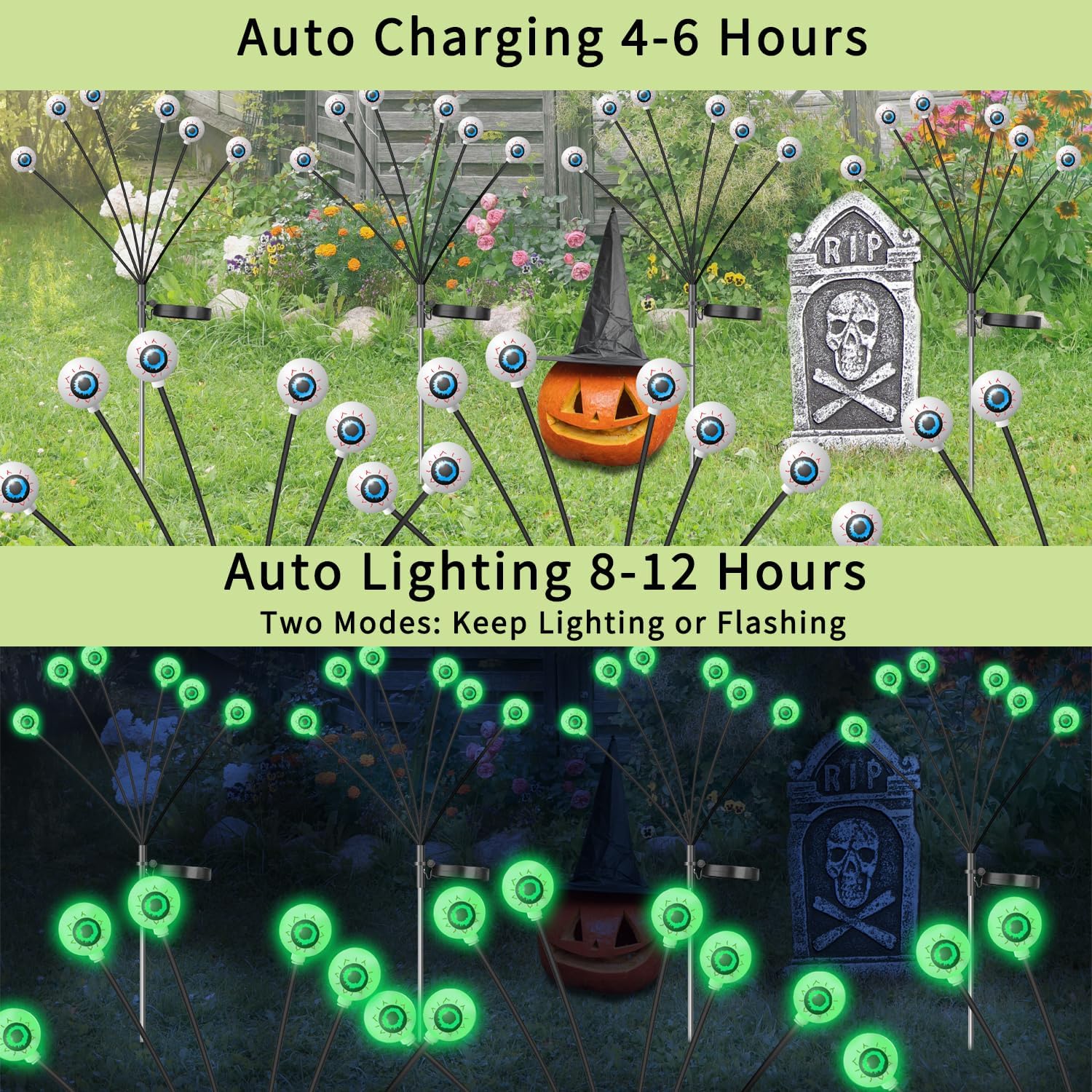 VOTTGO Halloween Solar Lights Outdoor, 8 Pack 48LED Scary Solar Eyeball Pathway Lights, 2 Modes Waterproof Swaying Solar Firefly Lights for Garden Yard Pathway Halloween Decorations, Green