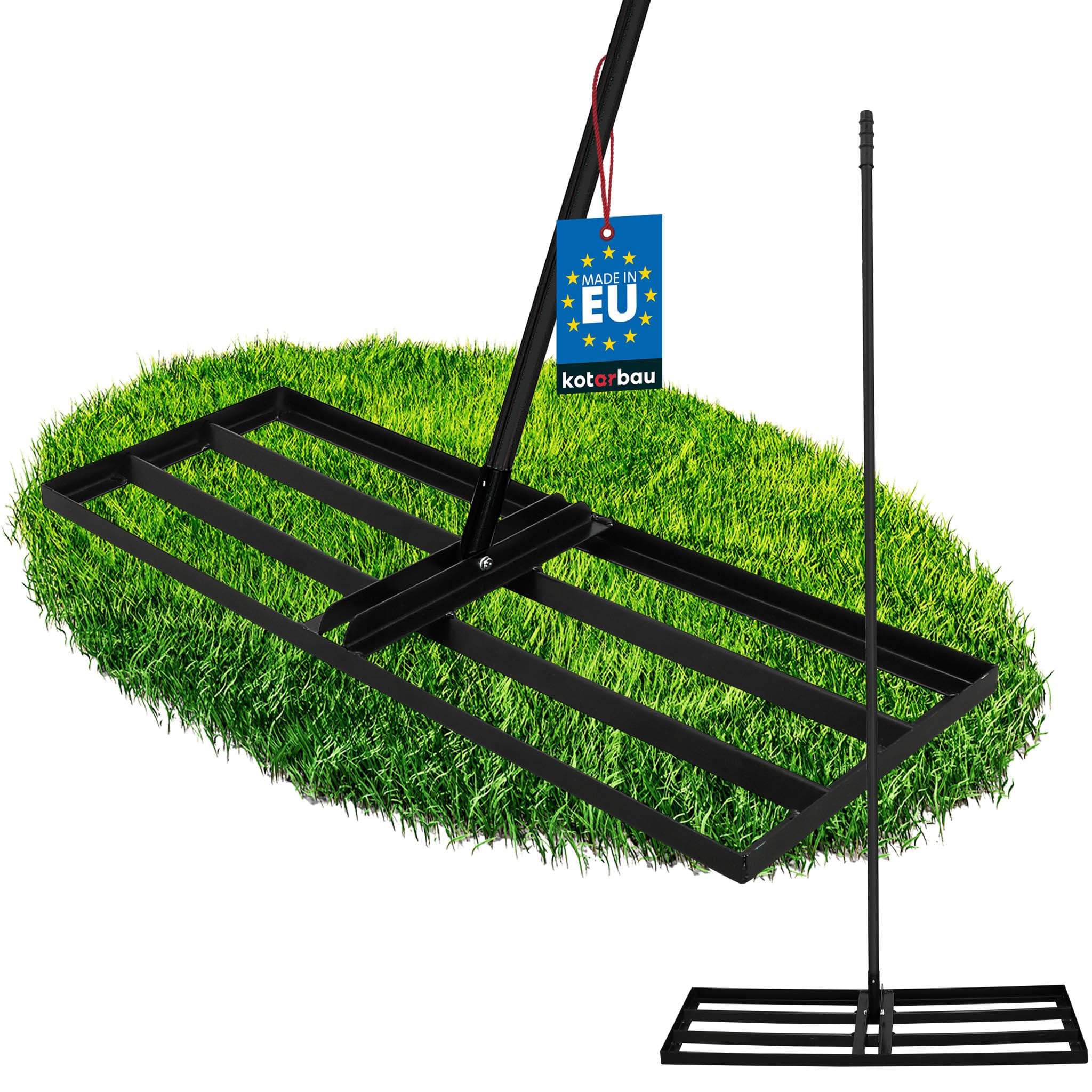 KOTARBAU® Rasenrakel - 90 x 30 cm - Rasen Nivellierrechen - mit Stahlstiel - 175 cm - Gartenwerkzeug zur Rasenpflege - Rasen Rakel - Gartenzubehör - Stahl - Schwarz