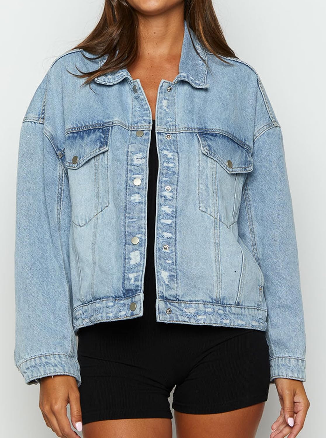 Women Distressed Light Wash Oversized Denim Jacket - Image 3