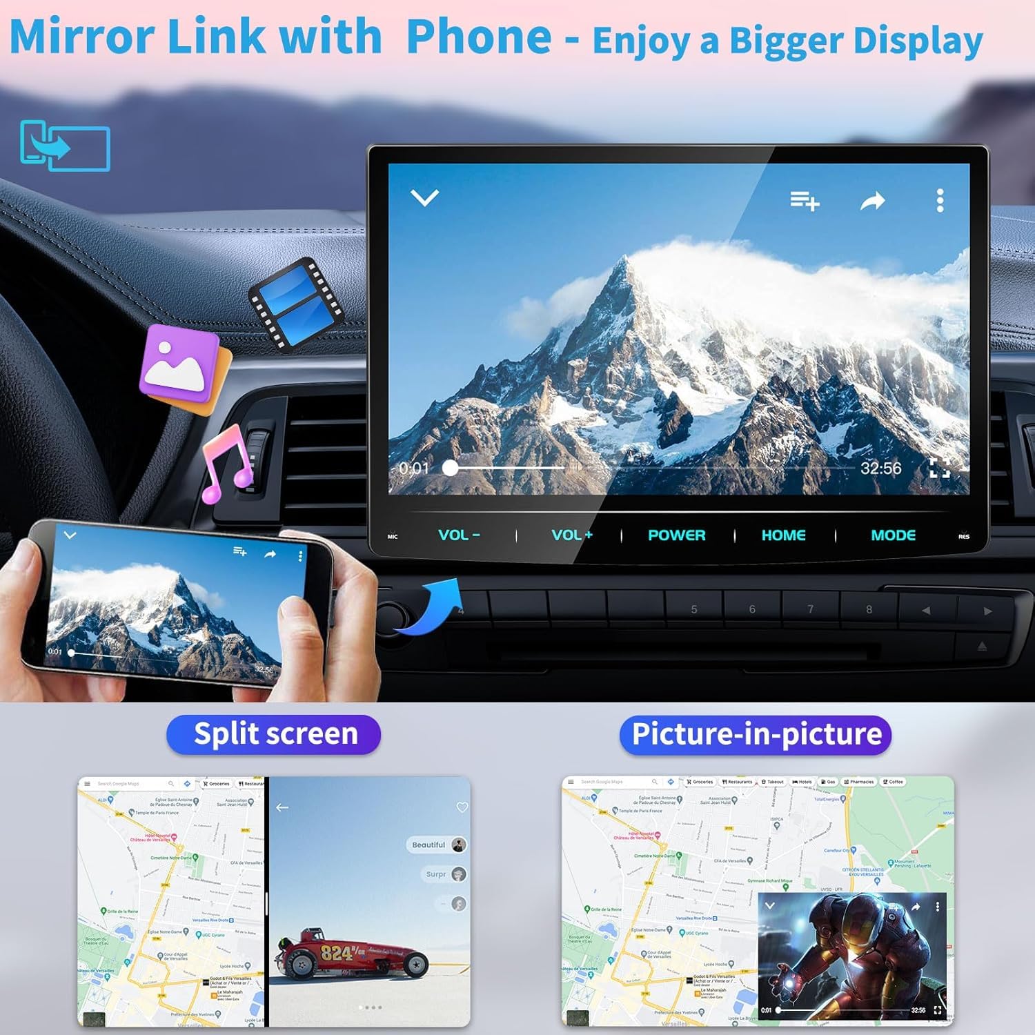 URVOLAX Android 13 Autoradio Bluetooth 1 DIN Apple CarPlay Voiture 10.1 Pouces Dab+ Poste Radio Ecran Android Auto sans Fil Stereo avec Caméra De Recul, Mirror Link, GPS 8 Core 32G WiFi 4G EQ FM/AM