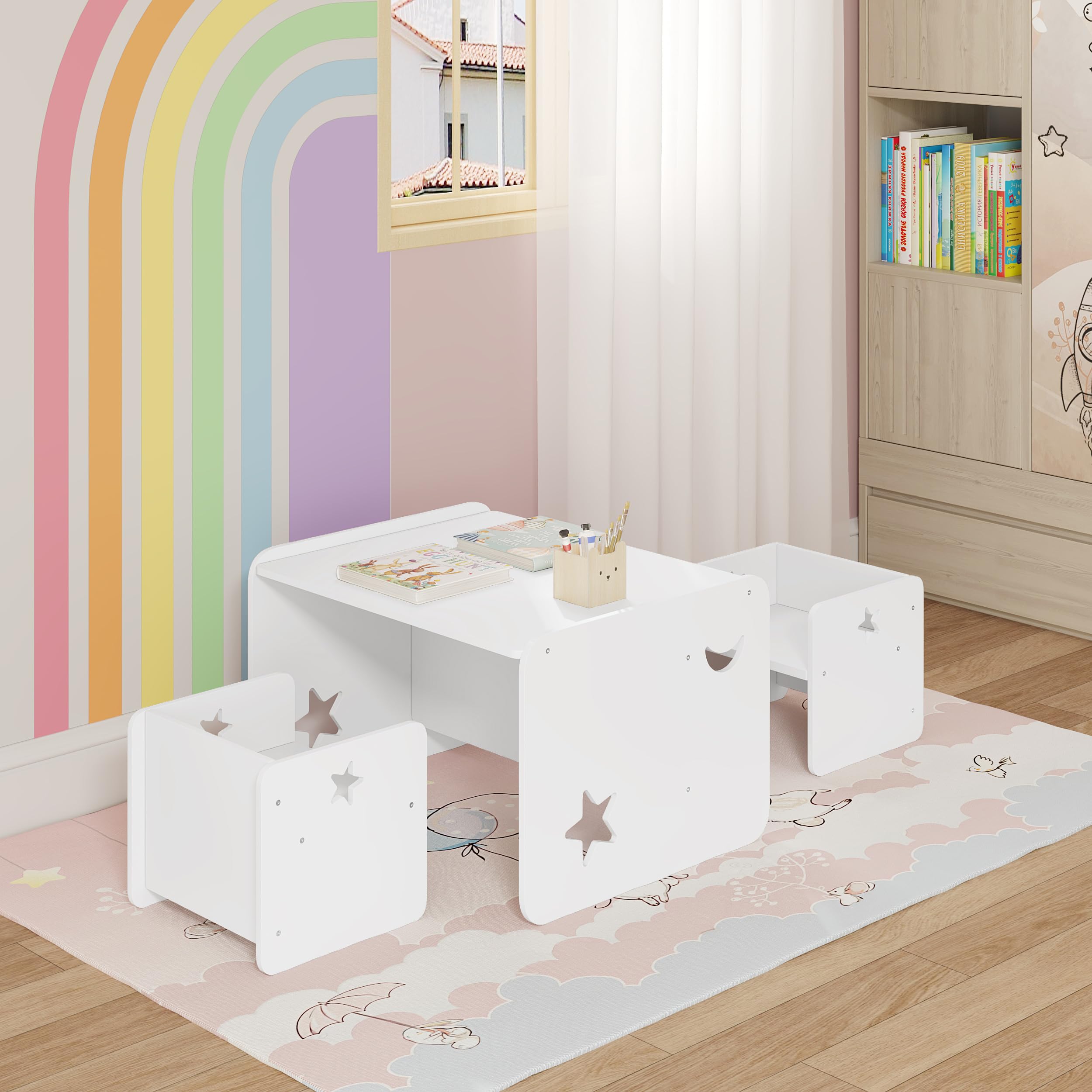 WOLTU Ensemble de Table et Chaises pour Enfant, Table Enfant avec 2 Chaises, pour Crèche, Jardin d'enfants, Salle à Manger, Blanc