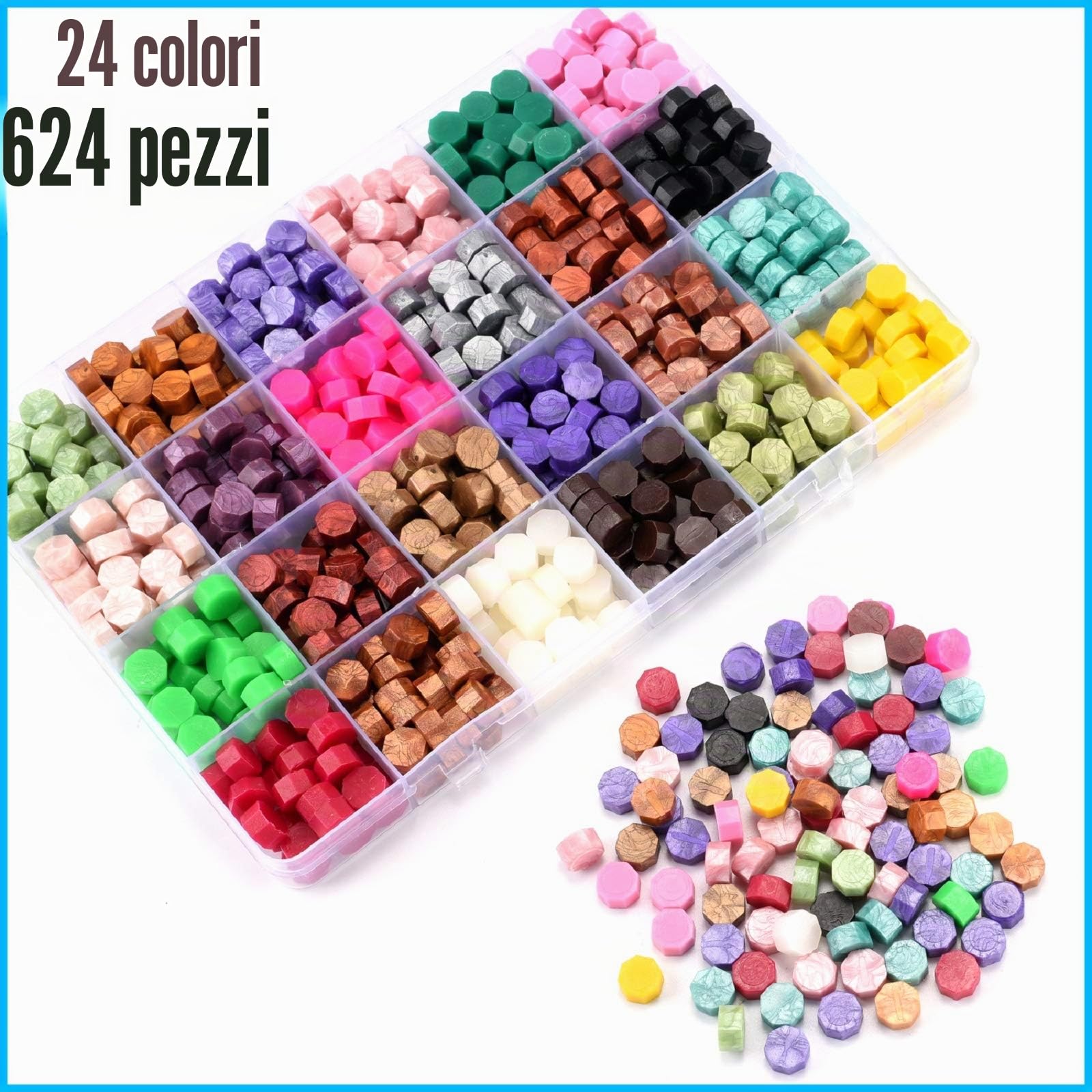 CHUHUAYUAN Kit di timbri per ceralacca con confezione regalo, 24 colori e 624 perline per ceralacca con timbro per ceralacca, scaldacalacca, penna metallica e busta, kit di sigillo di cera